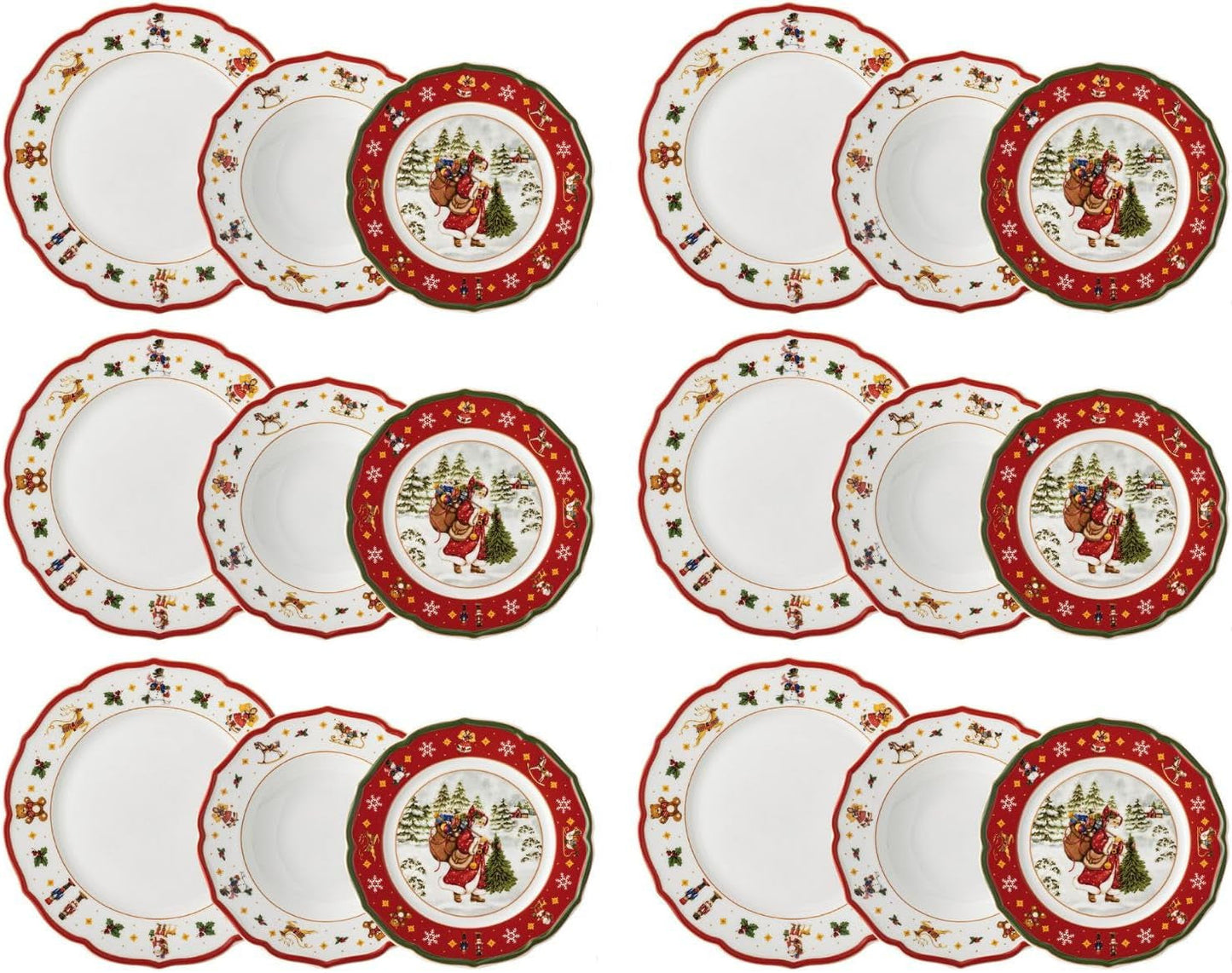 Hutschenreuther Happy Wintertime Red Christmas servies voor 6 personen, porselein, veelkleurig, 6 ontbijtborden, 6 dinerborden en 6 dinerborden, vaatwasser- en magnetronbestendig