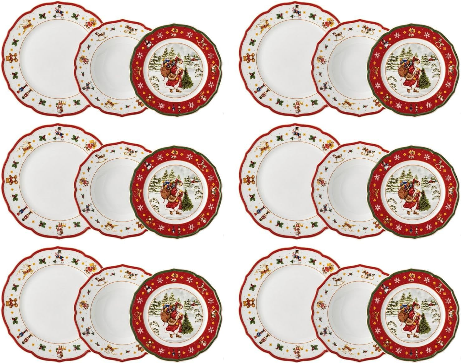 Hutschenreuther Happy Wintertime Red Christmas servies voor 6 personen, porselein, veelkleurig, 6 ontbijtborden, 6 dinerborden en 6 dinerborden, vaatwasser- en magnetronbestendig