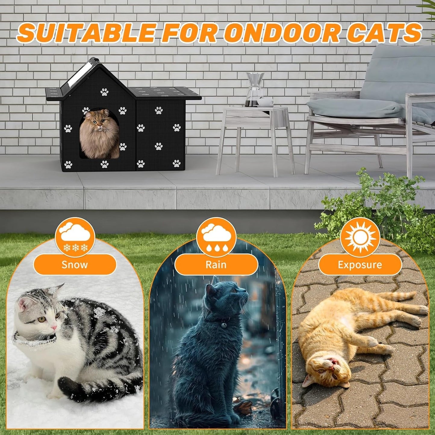 Katzenhaus Für Draußen Winterfest, Haus für verwilderde Katzen mit abnehmbaren Kissen, Winterschutz für Haustiere mit Türvorhängen, einfach zu monieren