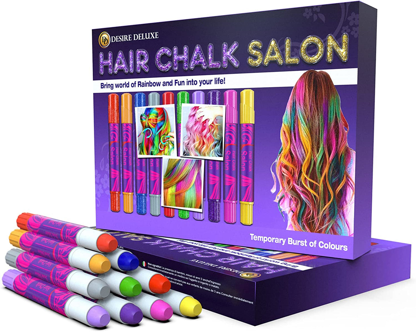 Desire Deluxe Haarkrijtcadeaus voor meisjes, Haarkrijt voor haarkleurspeelgoed voor Kerstmis, 10 wasbare haarverfpennen voor carnaval, 3 4 5 6 7 8 9 11 jaar oud Haarverf Naty Shop Standaardtitel