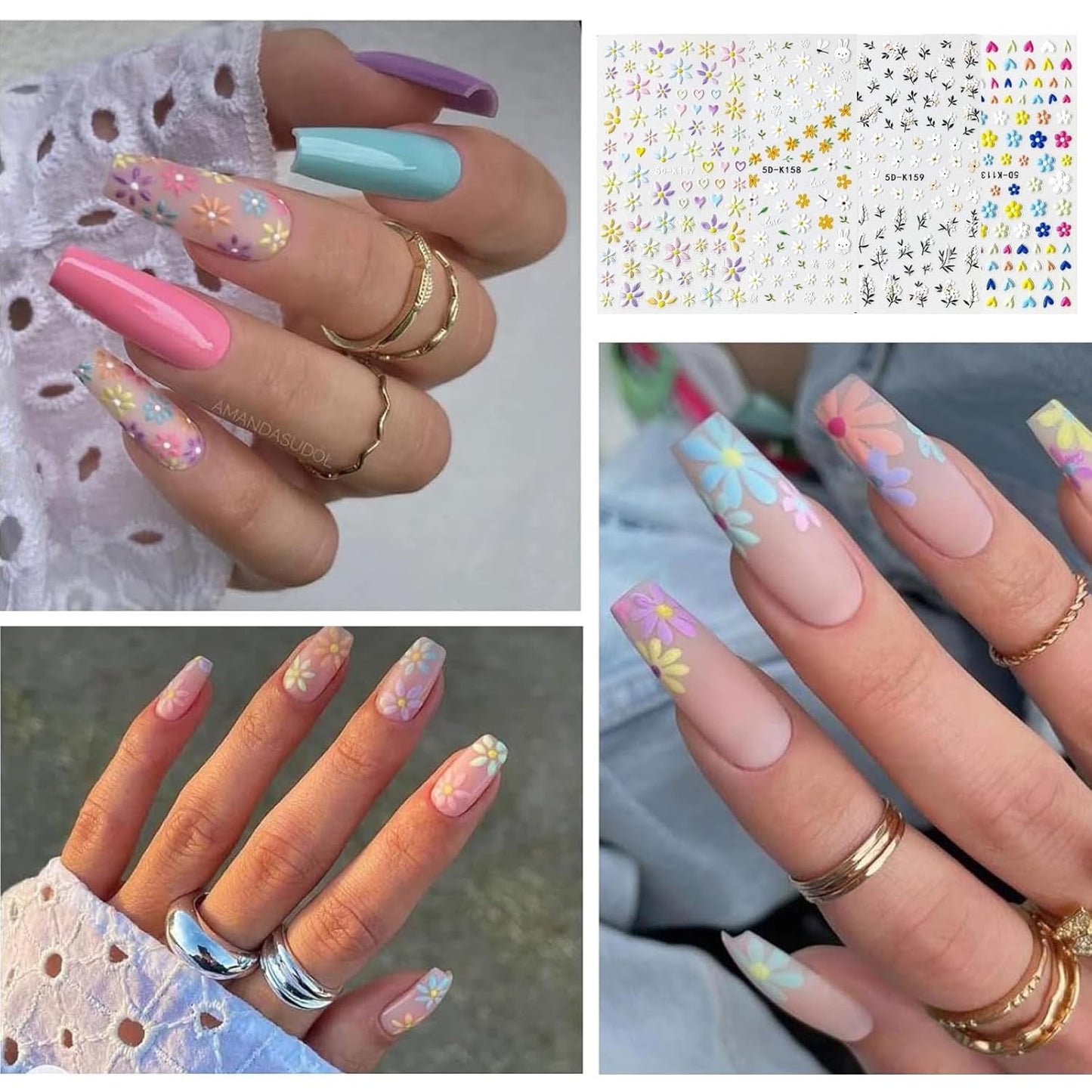 Nagelstickerset voor individuele nageldesign, 4 Blatt Frühlingsthemen Nail Art Zubehör, Perfect voor 3D-gelnagel en UV-gelstrips