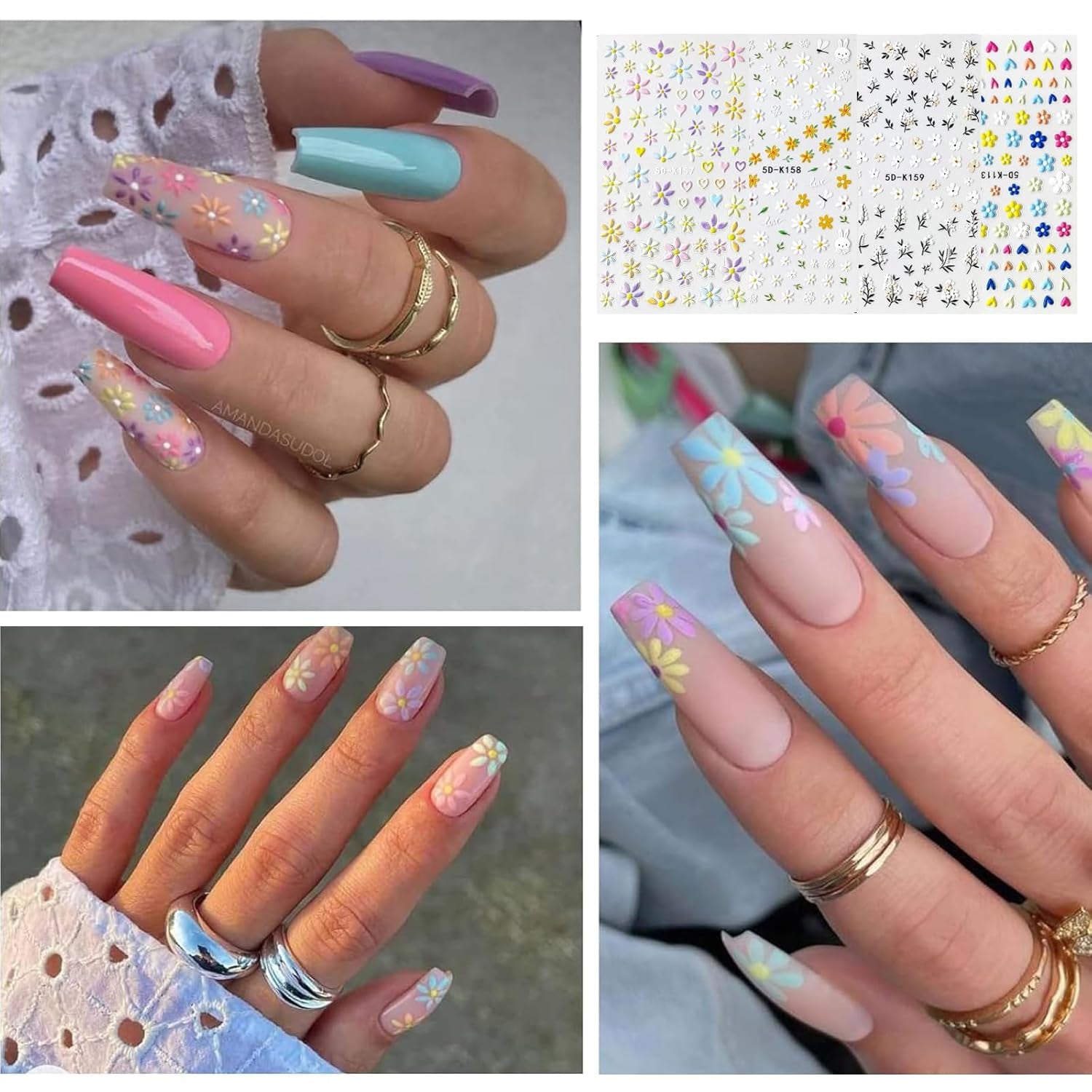 Nagelstickerset voor individuele nageldesign, 4 Blatt Frühlingsthemen Nail Art Zubehör, Perfect voor 3D-gelnagel en UV-gelstrips