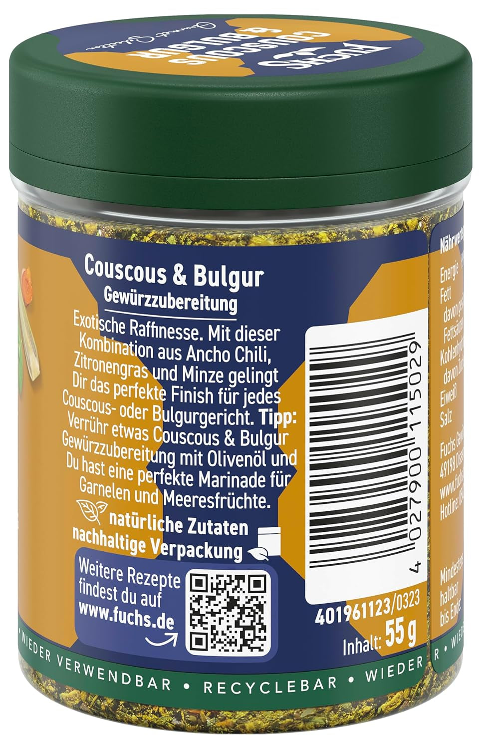 Fuchs Kruiden Gourmet Selectie Midden-Oosten/Afrika - Couscous en Bulgur Kruidenmix Hervulbare Kruidenmix voor het kruiden van Bulgur Gerechten Vegan 55g