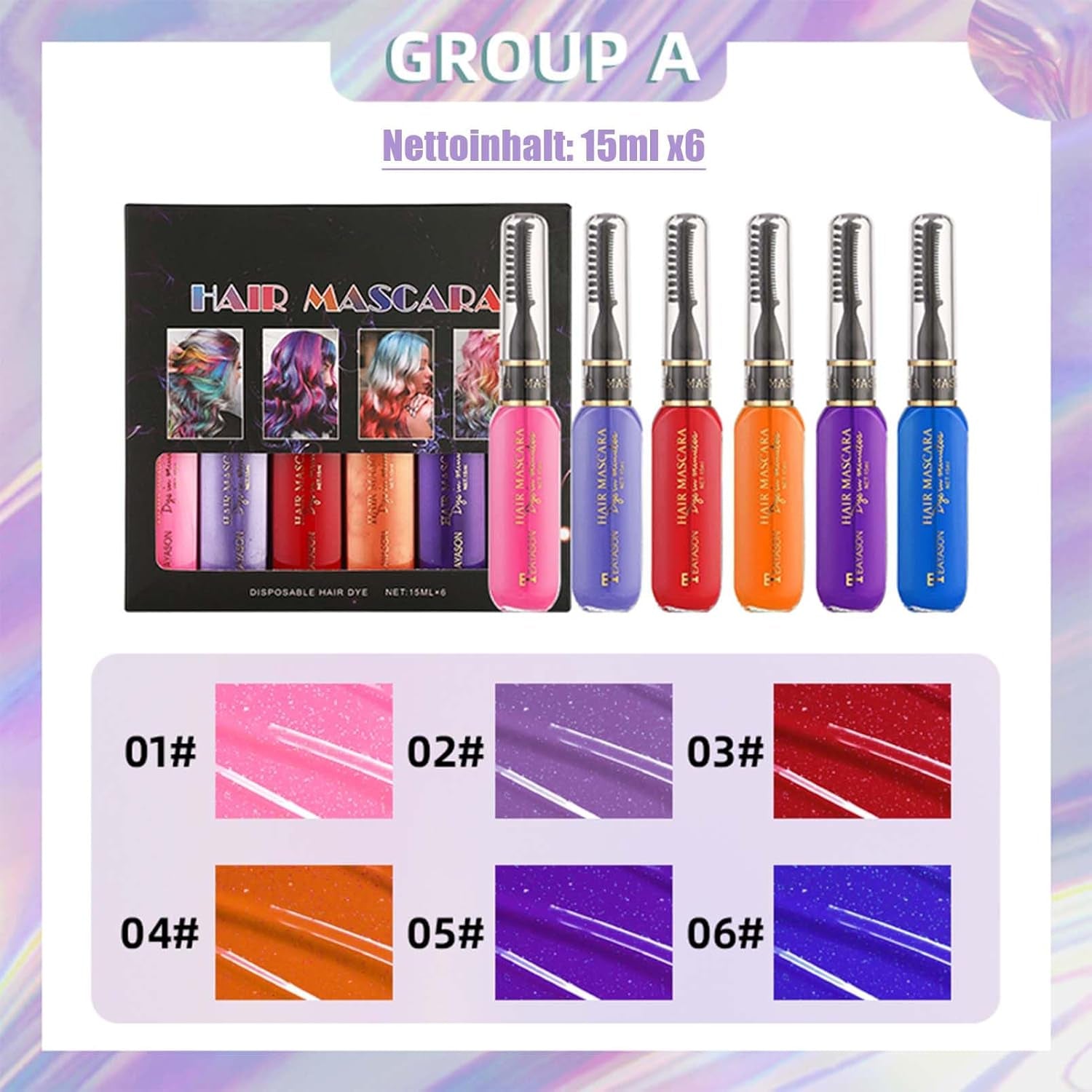 Instant haarverf 6 kleuren Tijdelijke haarmascara voor meisjes en vrouwen Wasbaar haarkrijt Regenboog haarmascara Haarverf voor carnaval Halloween Cosplay Feest Verjaardag (A) Naty Shop Haarverf
