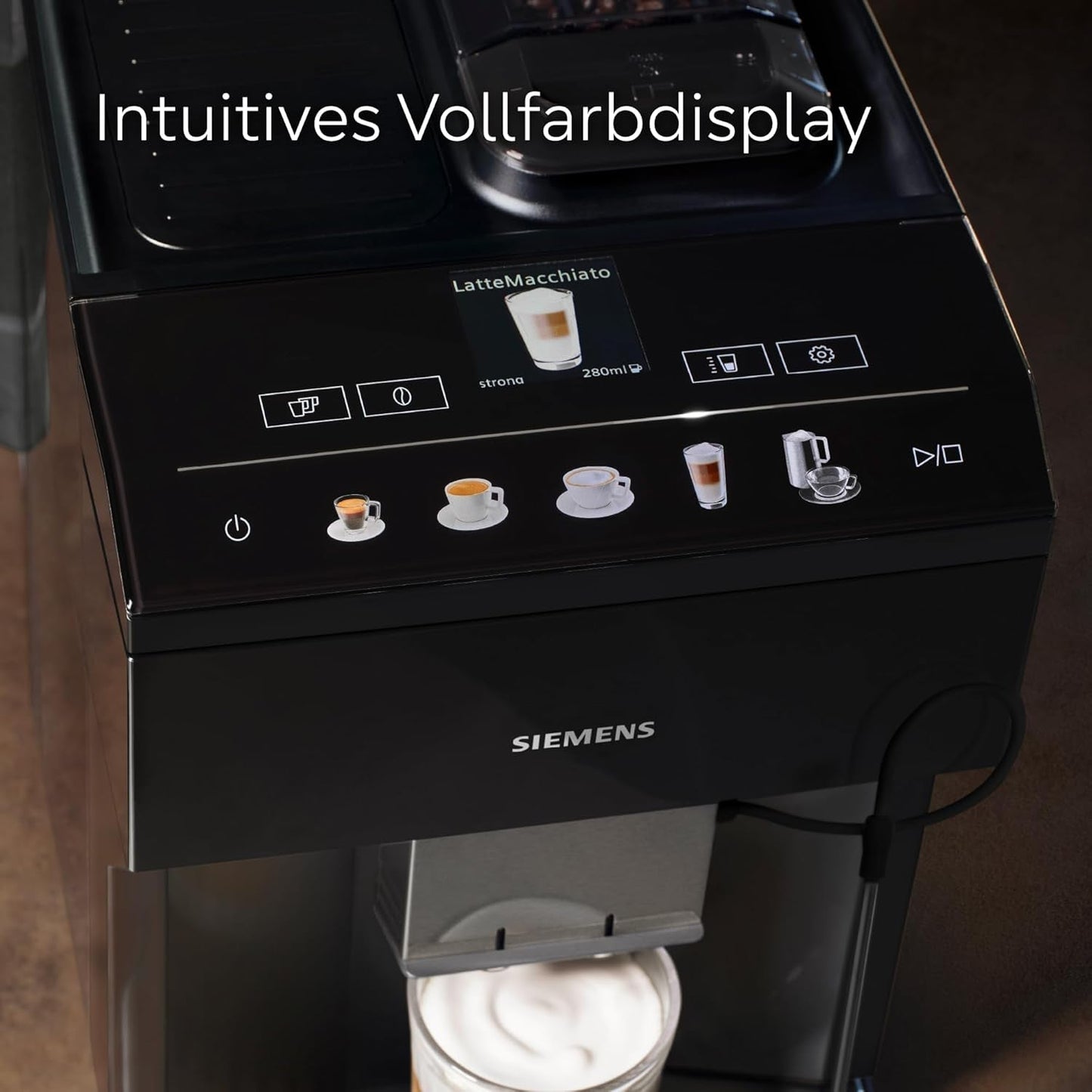 Siemens EQ500 klassieke automatische espressomachine, TFT-kleurenscherm, 5 soorten koffie en melk, dubbele kopfunctie, eenvoudige reiniging, afneembare zetunit, met melkslang, zwart, TP511E19