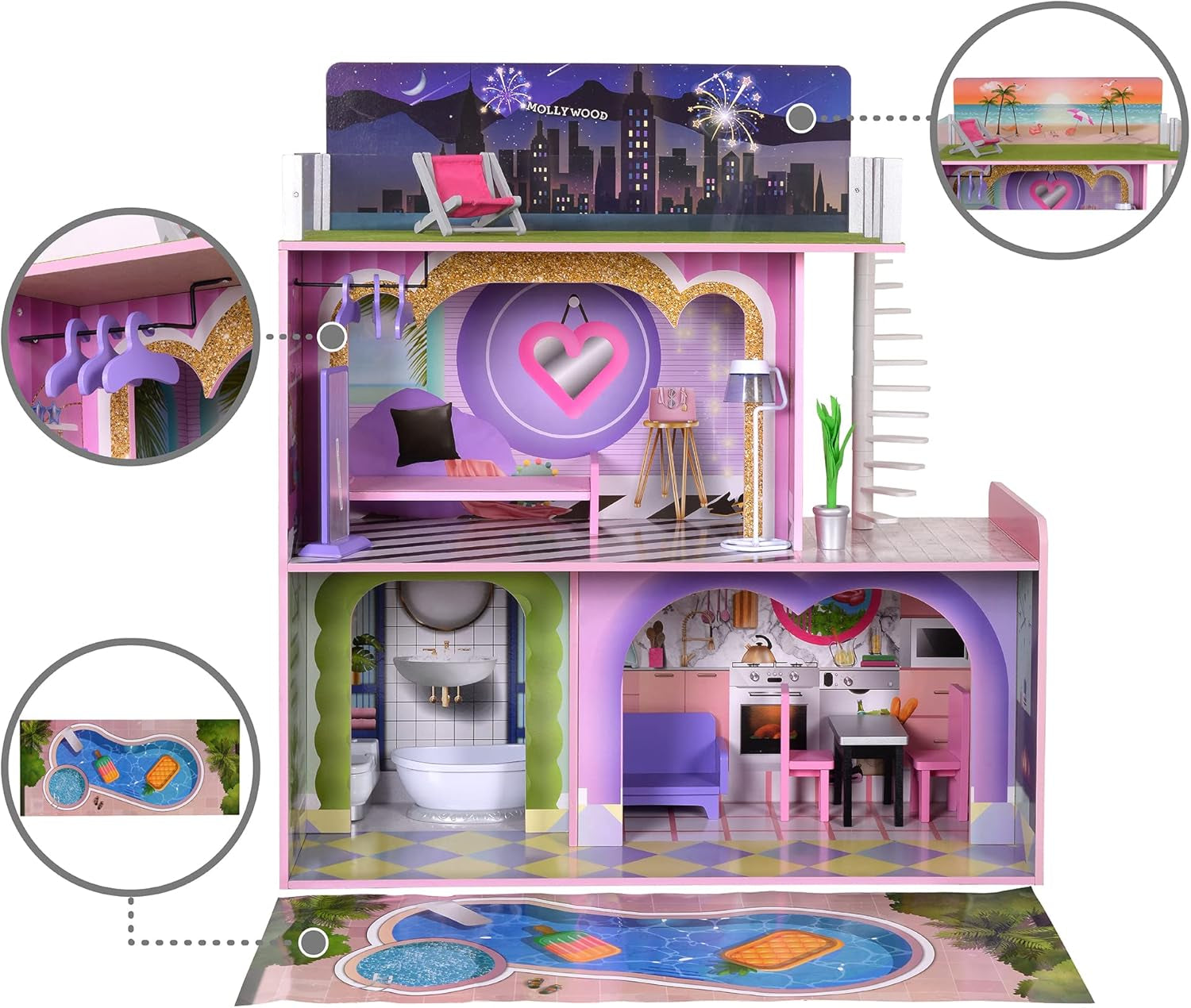 Olivia's Little World Big Dreamland Sunset Eigentijds interactief houten poppenhuis voor kinderen 3 verdiepingen met 16 poppenmeubelaccessoires Multi TD-13616A Poppenhuizen Naty Shop