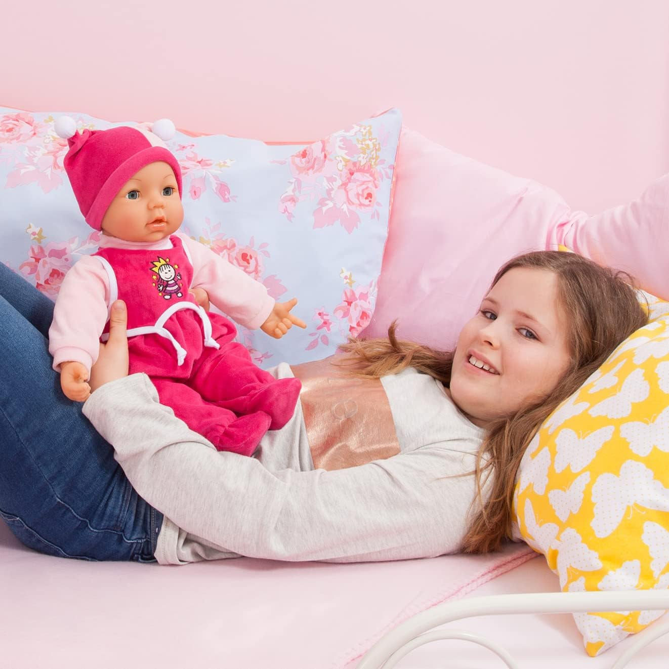 Funktionspuppe Hello Baby mit Geräuschen, bewegt den Mund, interactieve Puppe, Babypuppe, met Zubehör, 46cm, roze