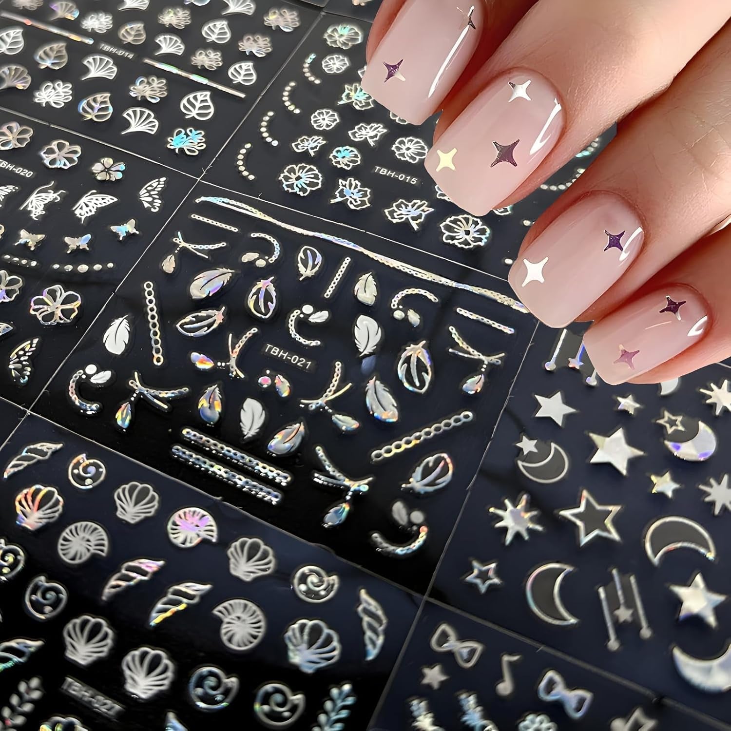 30 Blatt Aurora-Nagelkunst-Aufkleber, Selbstklebende 3D-Blumen-Nagelaufkleber, Aurora-Mond-Stern-Nagelaufkleber voor Nagelkunst, Blatt-Herz-Nageldesign voor doe-het-zelf-acrylnägel-decoratie
