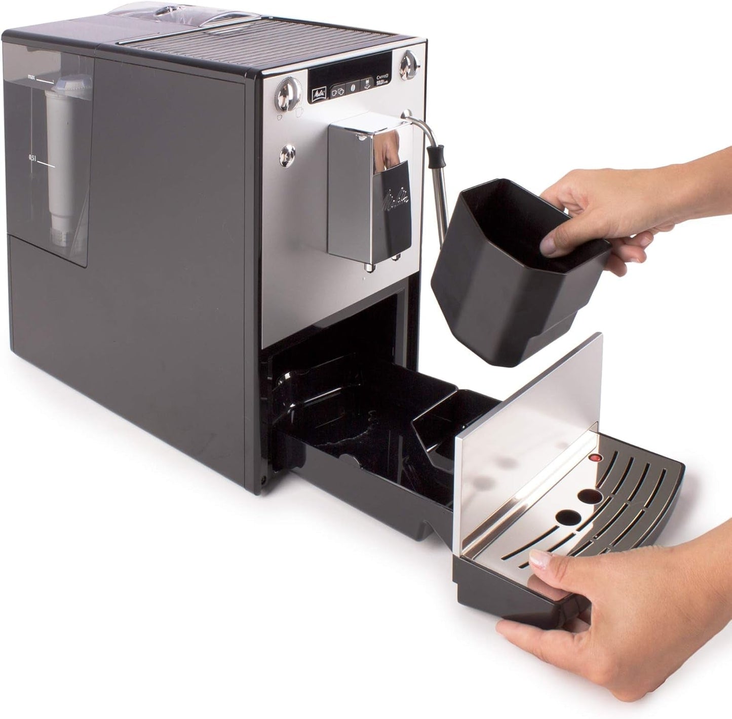 Melitta Solo & Milk - volautomatische slanke koffiemachine met melkopschuimer, koffiemachine met afneembaar waterreservoir, b.v. koffie of cappuccino, zilver