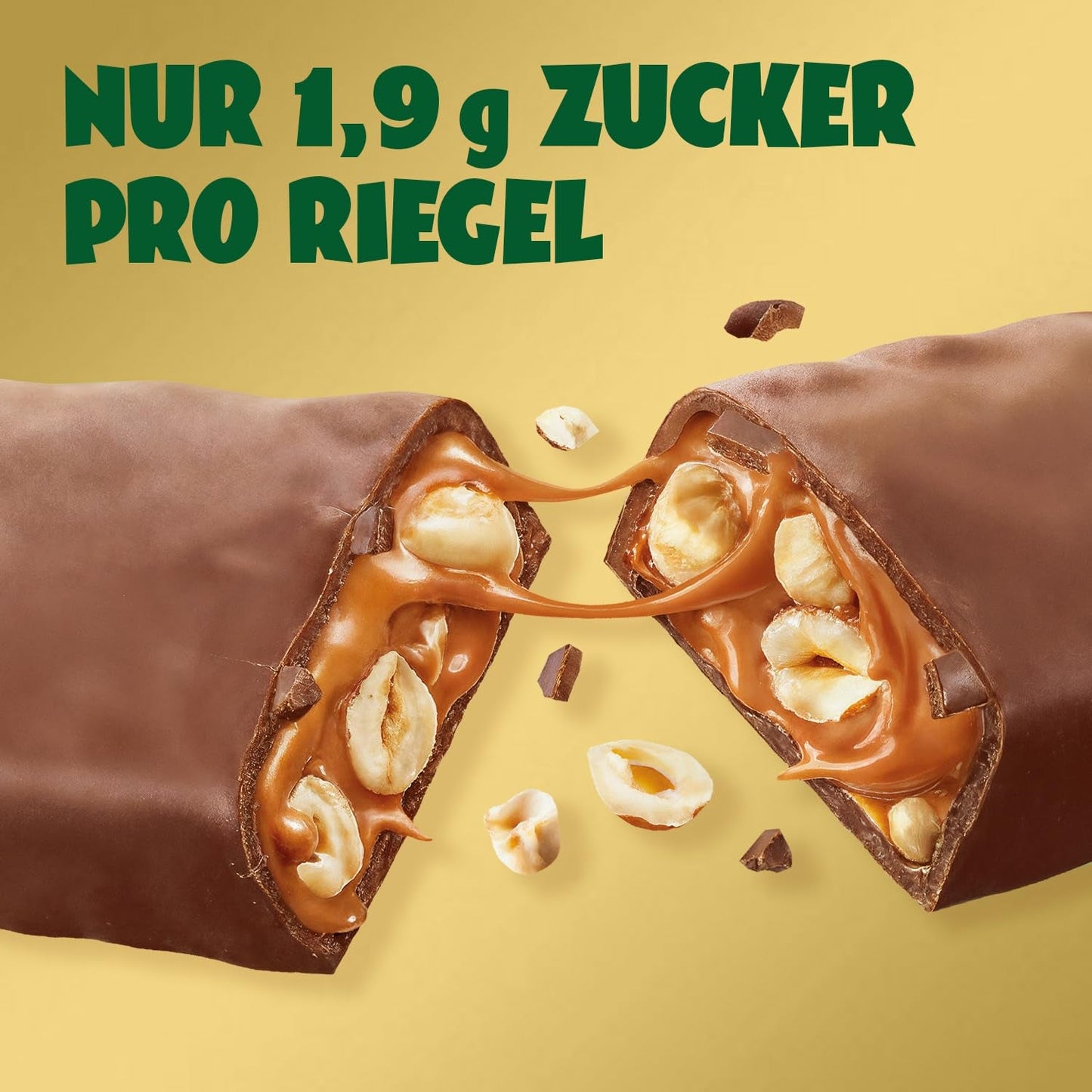 Karamel Hazelnoot Chocoladerepen vooruit | 12 chocoladerepen x 35 g zonder toegevoegde suiker | 1,9 g suiker per reep | Krokante hazelnoot- en karamelsmaak | Koolhydraatarme snoepjes | Geen palmolie