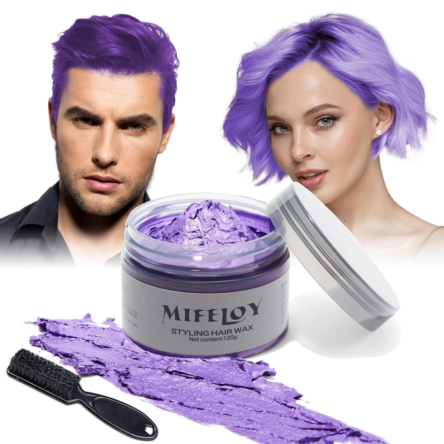 4.23oz Paarse haartint Tijdelijke haarkleur met borstels, Heren Dames Styling Haartoonwas, Instant Haarcrème Modder Natuurlijk Kapsel Pommade, DIY Cosplay Halloween Haarwas Haarverf Naty Shop Paars