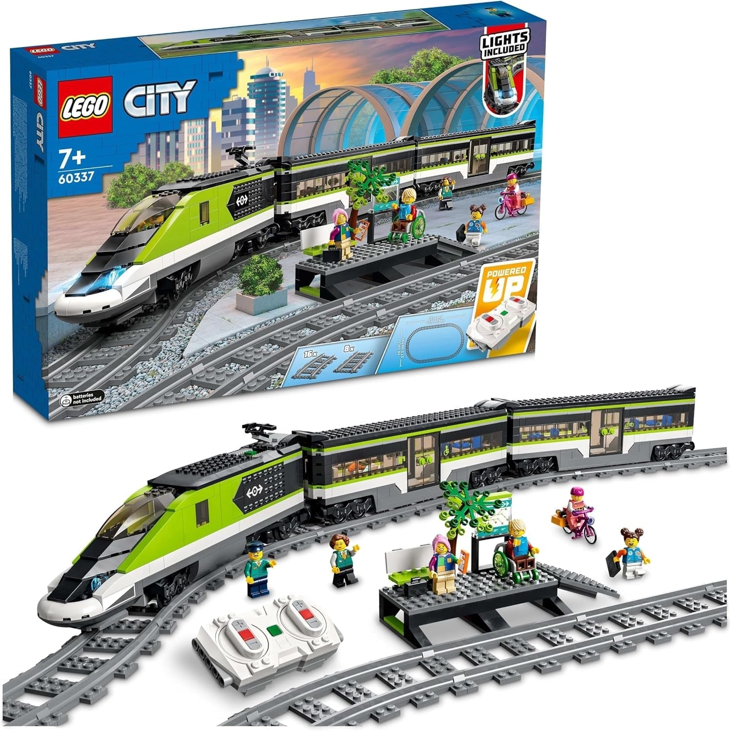 LEGO City Passagierssneltrein, treinset met afstandsbediening, spoorwegspeelgoed met koplampen, 2 rijtuigen en 24 baanelementen, cadeau voor kinderen, jongens en meisjes 60337 Bouwsets Besuche den LEGO-Store Single