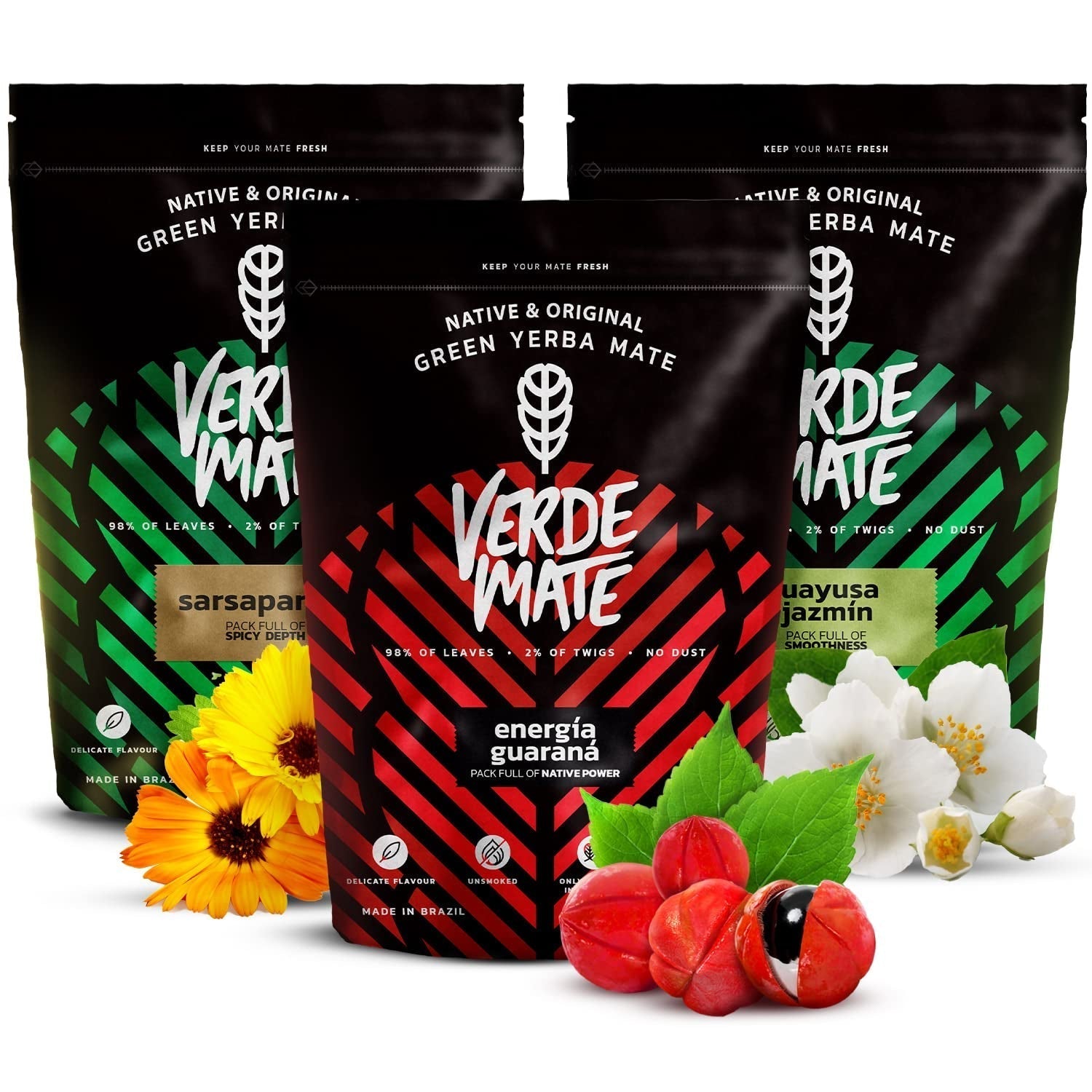 Kruiden Yerba Mate theeservies | Yerba Mate met kruiden | Green Mate Groene Energie Guarana, Guayusa Jazmin, Sarsaparilla | Braziliaanse Groene Yerba Mate | 3X500G