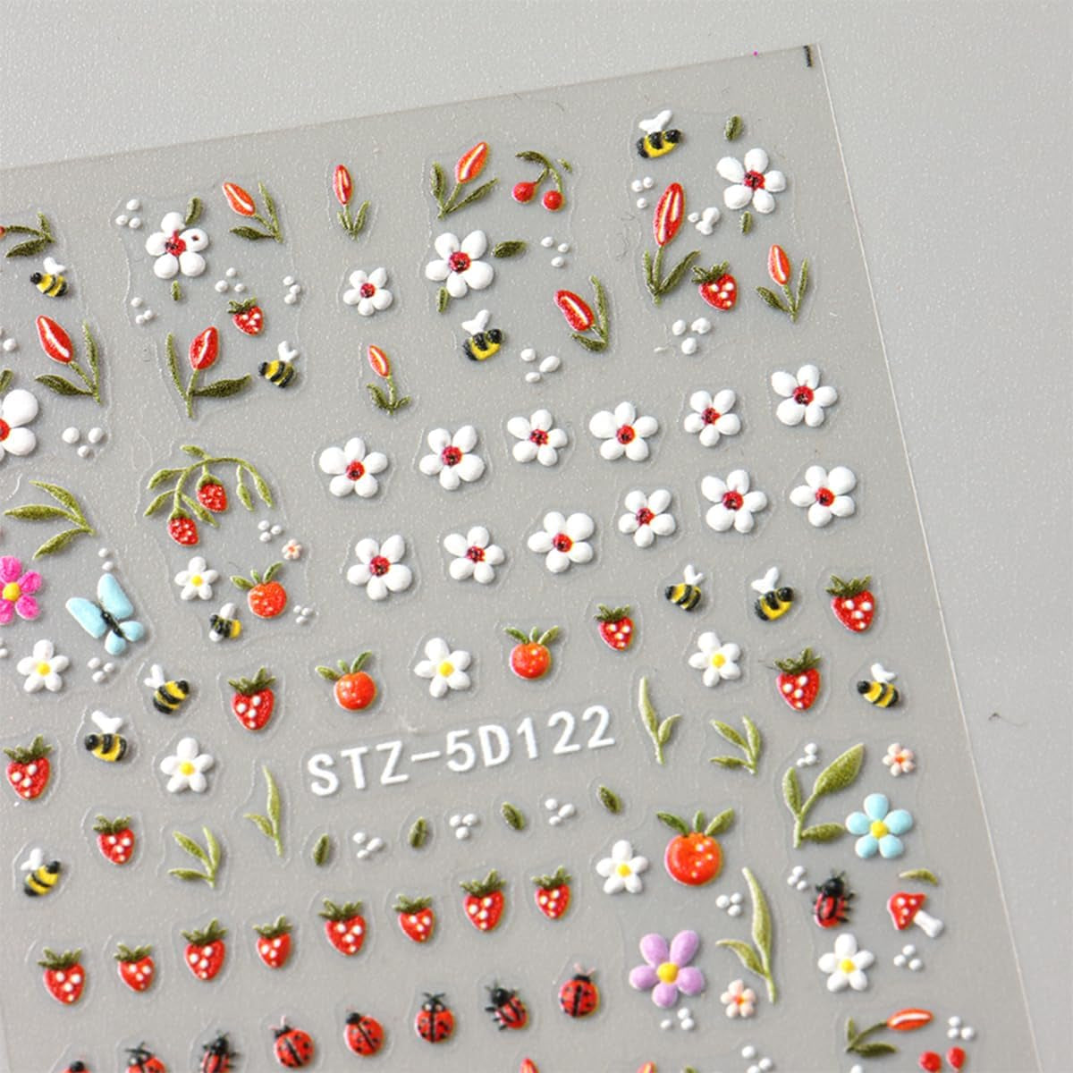 JMEOWIO 3D Nagelsticker Blumen Frucht Nail Art Sticker Selbstklebend Nagelaufkleber 5D Stereoskopische Decoratie Nageldesign Zubehör 4 Blatt