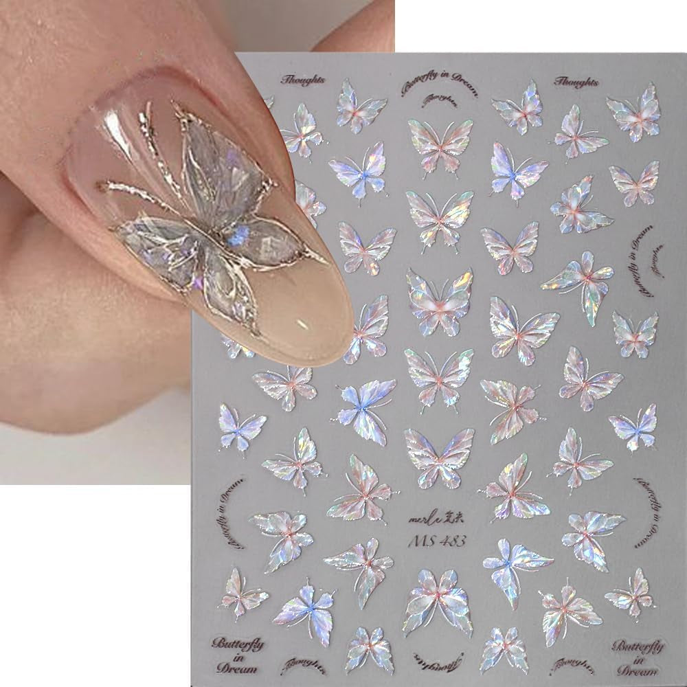 Glanzende Aurora Shell Schmetterling Nagelsticker Selbstklebend,Erleichterung Schmetterlinge Nail Sticker Rosa Laser Schmetterling Nagelaufkleber Für Frauen Nageldesign Zubehör Nagel Zubehör Nail Art