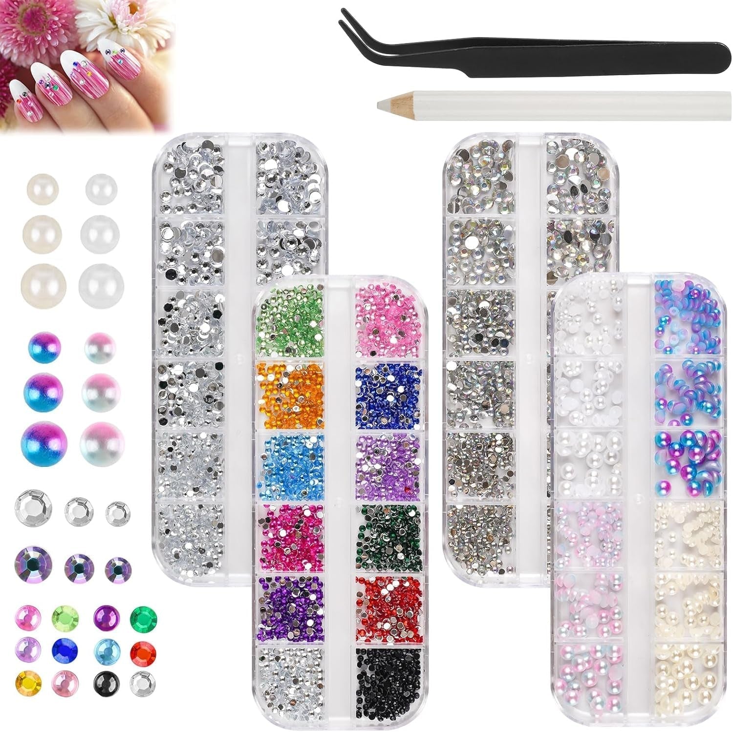 5820 Stück Strasssteine ​​​​Nägel, Glitzersteine ​​​​Nägel en Halbrunde Perlen, AB Kristall Rhinestones, Flatback Nagel Steine ​​​​Mit Pinzette en Stift Für Nagel/Diy (Mehrere Größen en Farben)