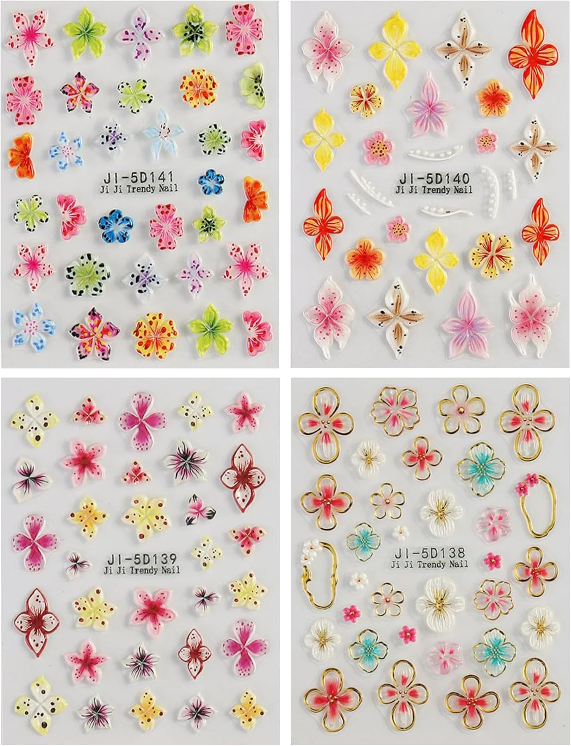 JMEOWIO 3D Nagelsticker Kleurrijke Bloem Nail Art Sticker Selbstklebend Nagelaufkleber 5D Stereoskopisch Lente Zomer Bloemendecoratie Nageldesign Zubehör 4 Blatt