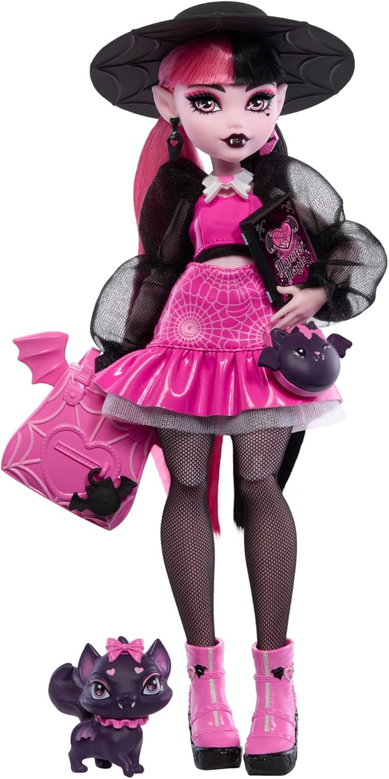 Monster High Draculaura-pop met haar huisdier, de vleermuiskat, Count Fabulous, en accessoires zoals een rugzak, een spreukenboek, een bentobox en meer, HRP64