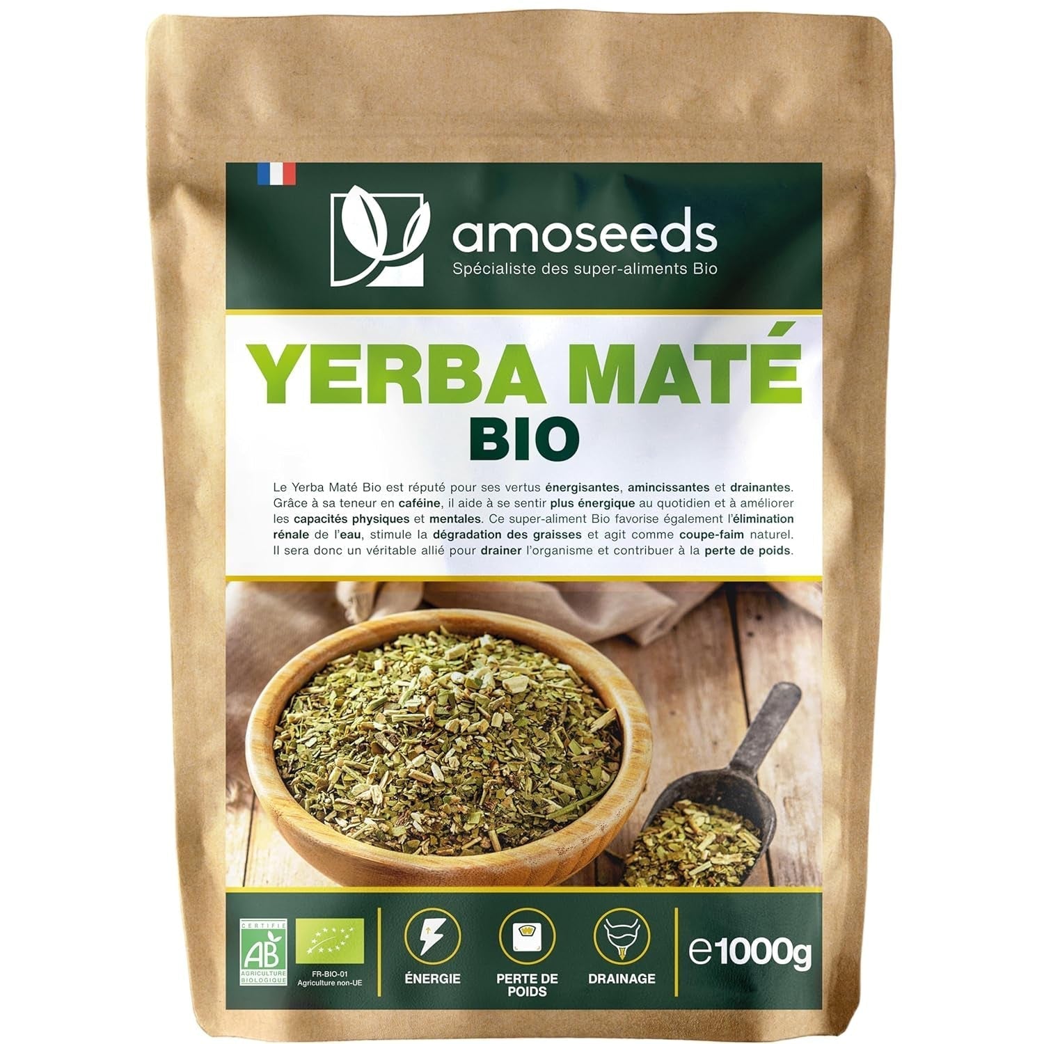 Yerba Maté BIO 1 kg | Groene maté, ongerookt | 100% bladeren, geen stengels | Energie, alternatief voor koffie | Premium kwaliteit