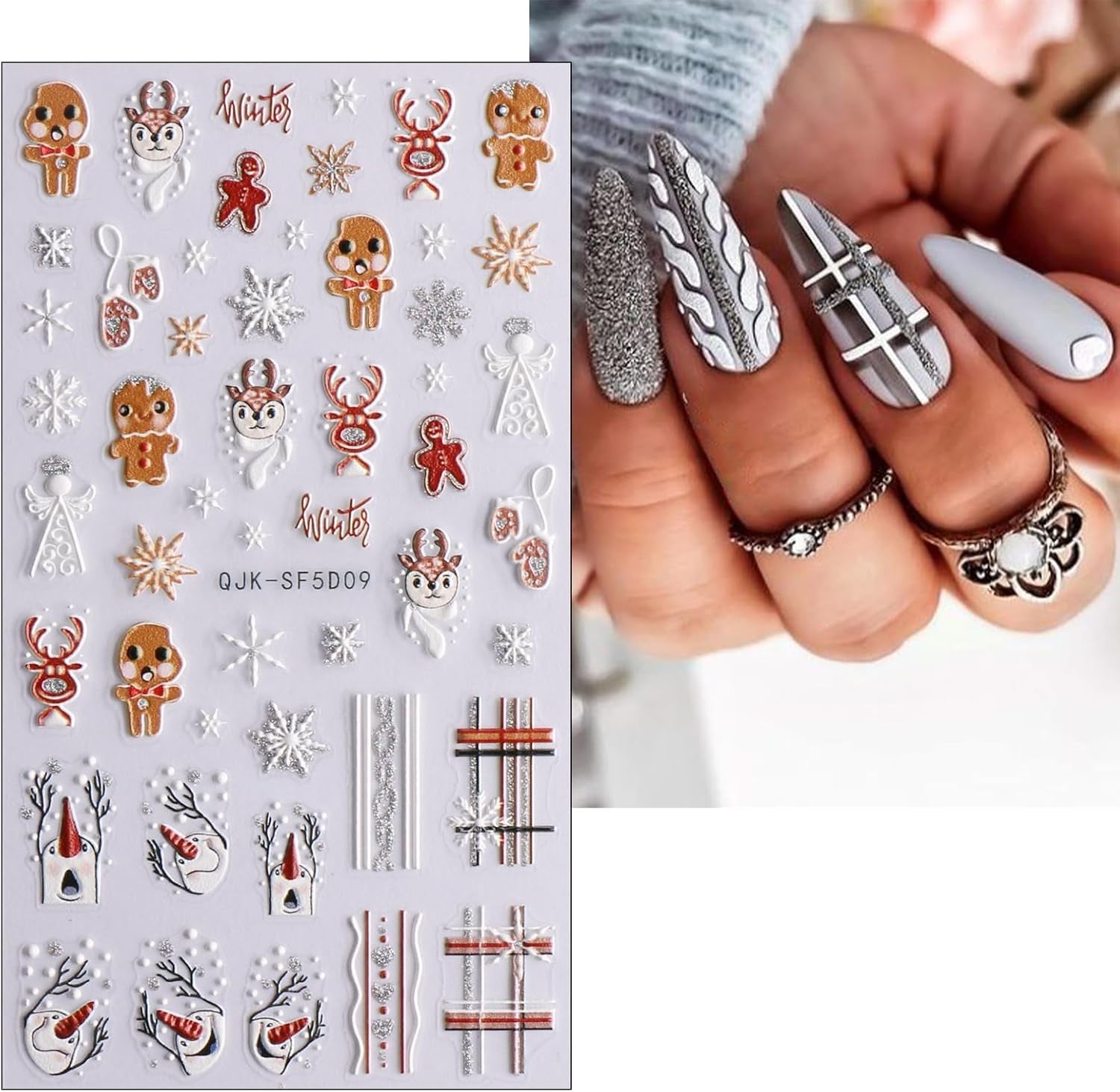 Kerst 3D-nagelstickers 4 vellen 5D-nagelstickers Stereoscopische nagelstickers Decoraties Nageldesignaccessoires