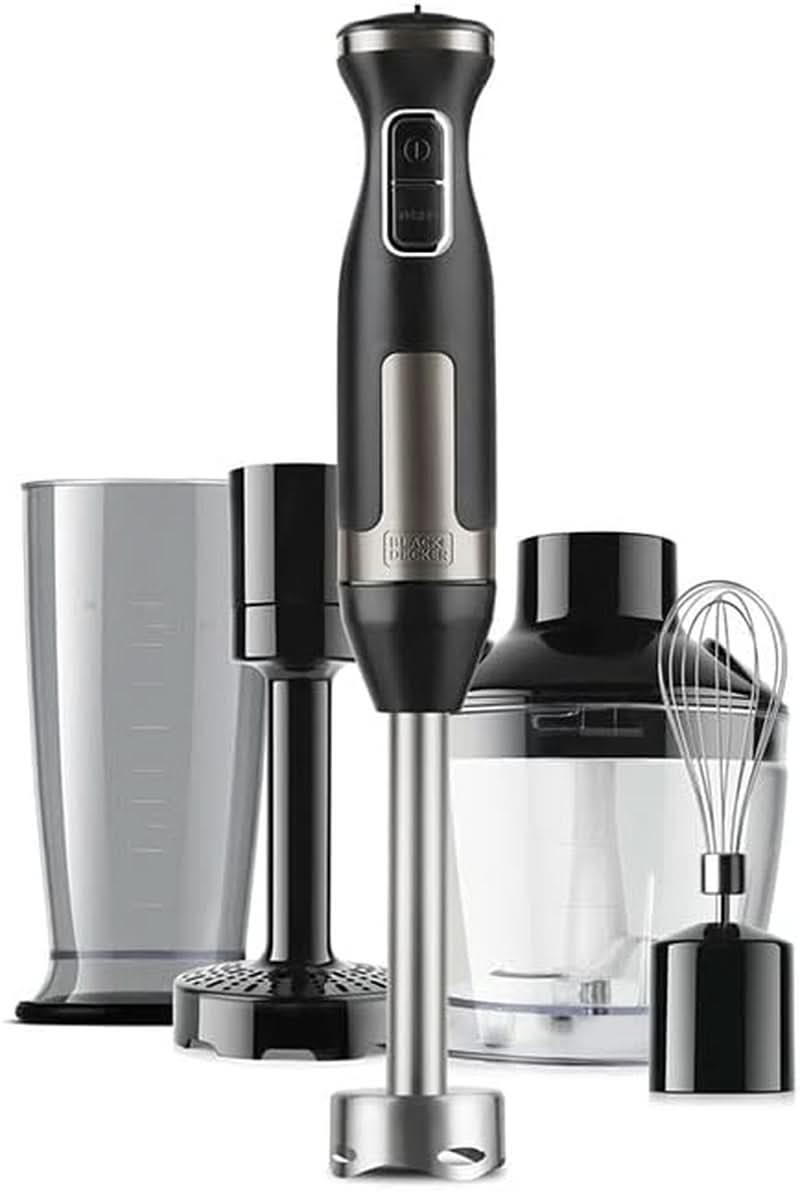 BLACK+DECKER Keukenmixer | BXHBA1500E | 1500 Watt | 20 snelheden | Turbo | Edelstahl | Spritzschutz | Inclusief Pürieraufsatz, Schneebesen, Zerkleinerer en Messbecher Kitchen Naty Shop Single 4 Zubehörteile 1500W