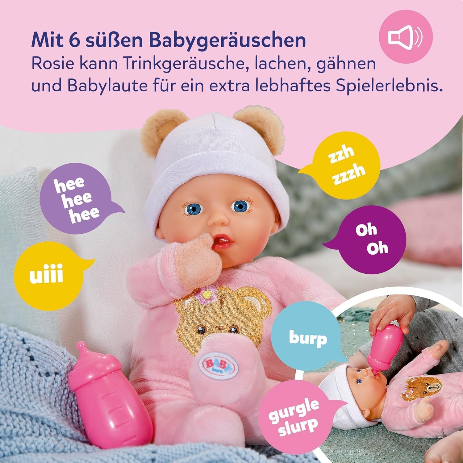 Baby Born Rosie zachte pop 30 cm met 6 geluiden en fles, roze