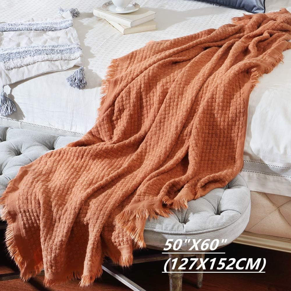 CREVENT Roest Gebreide Deken voor Bank Fauteuil Bed Woondecoratie Zacht Warm Gezellig Lichtgewicht Lente Zomer Herfst (127,8 X 152,4 cm Karamel / Bruin / Verbrand Oranje) CREVENT Bedden en Dekens
