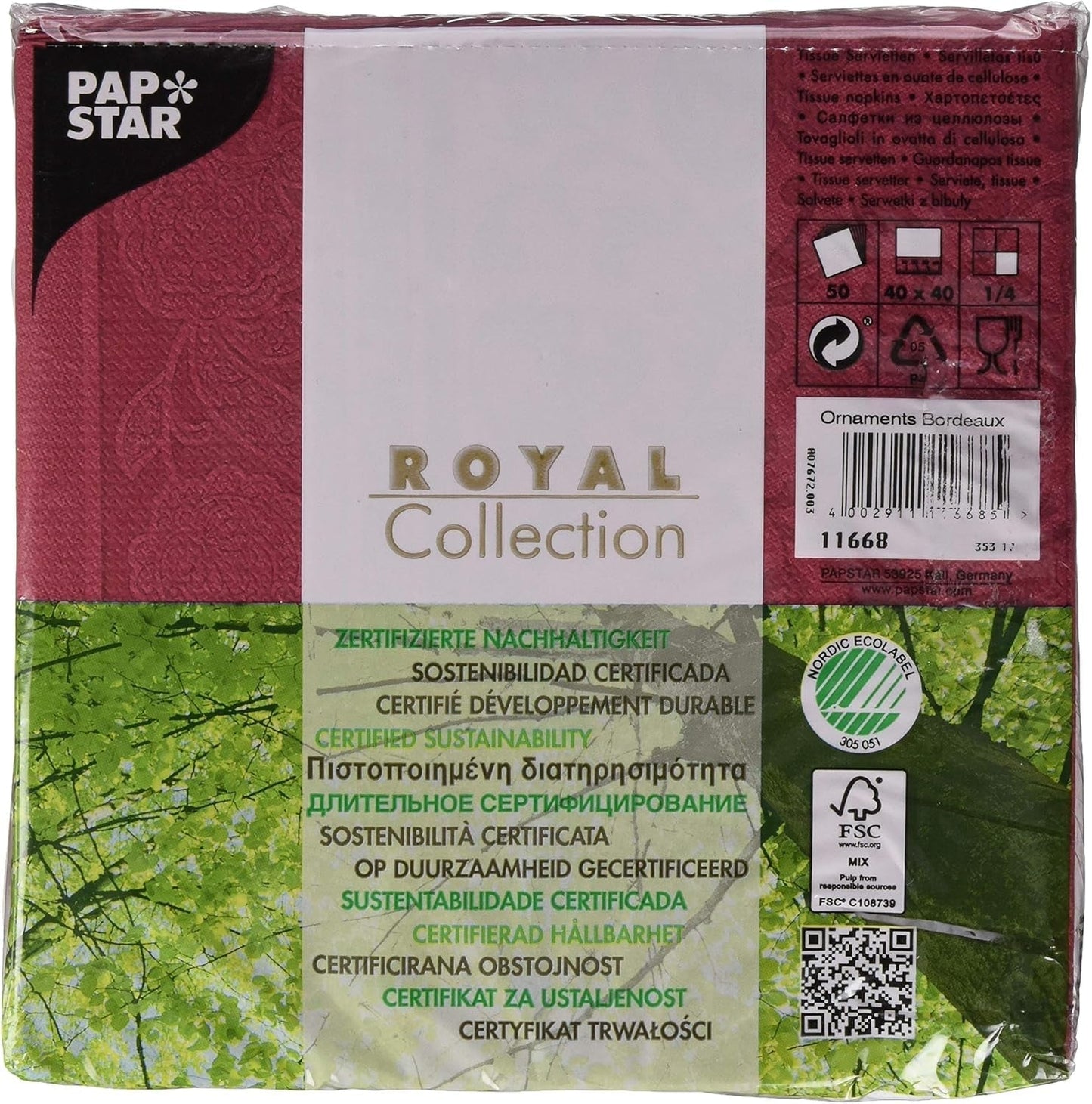 50 servetten "ROYAL Collection" 1/4 vouw 40 Cm X 40 Cm Bordeaux "Ornamenten"