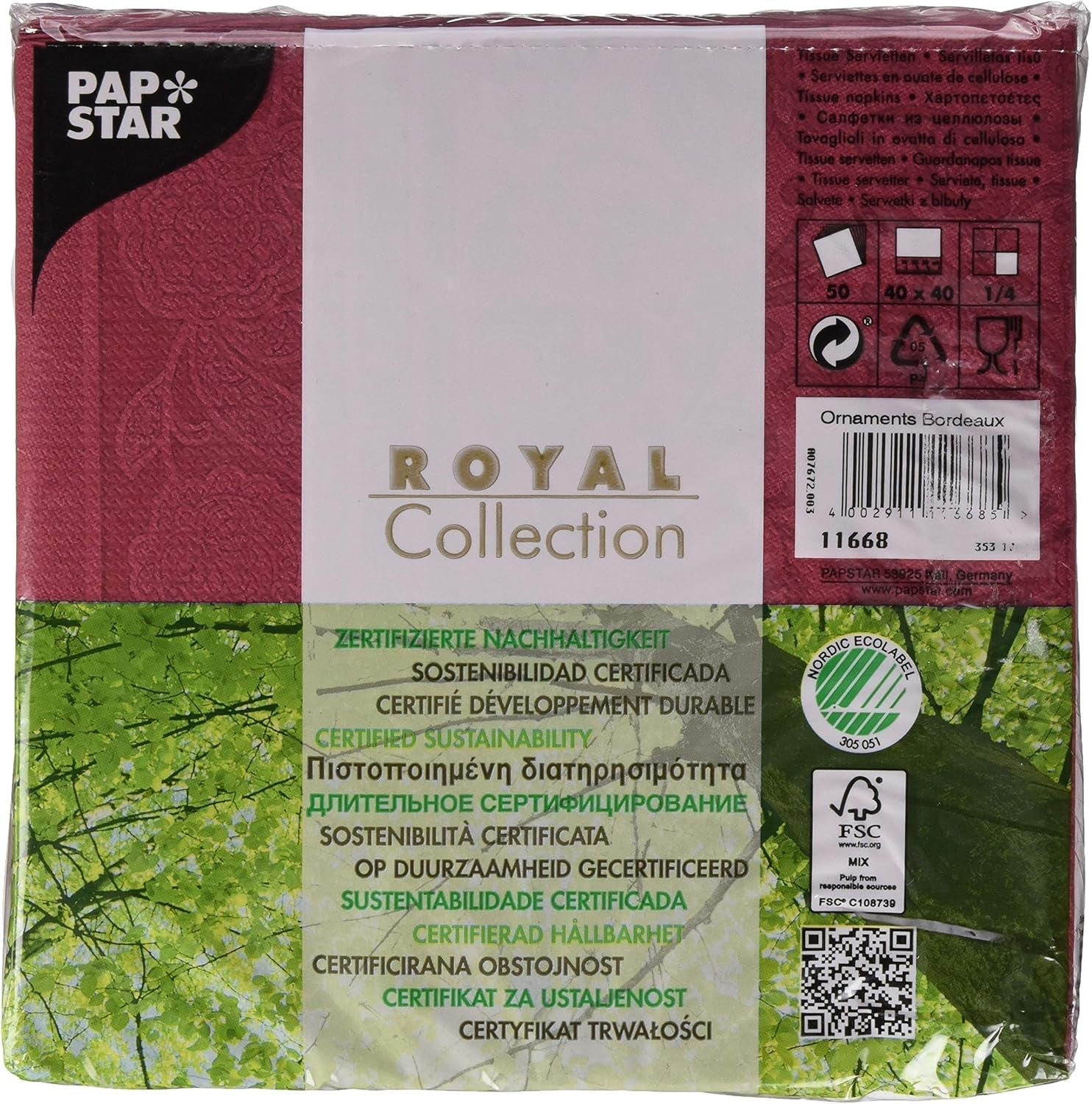 50 servetten "ROYAL Collection" 1/4 vouw 40 Cm X 40 Cm Bordeaux "Ornamenten"