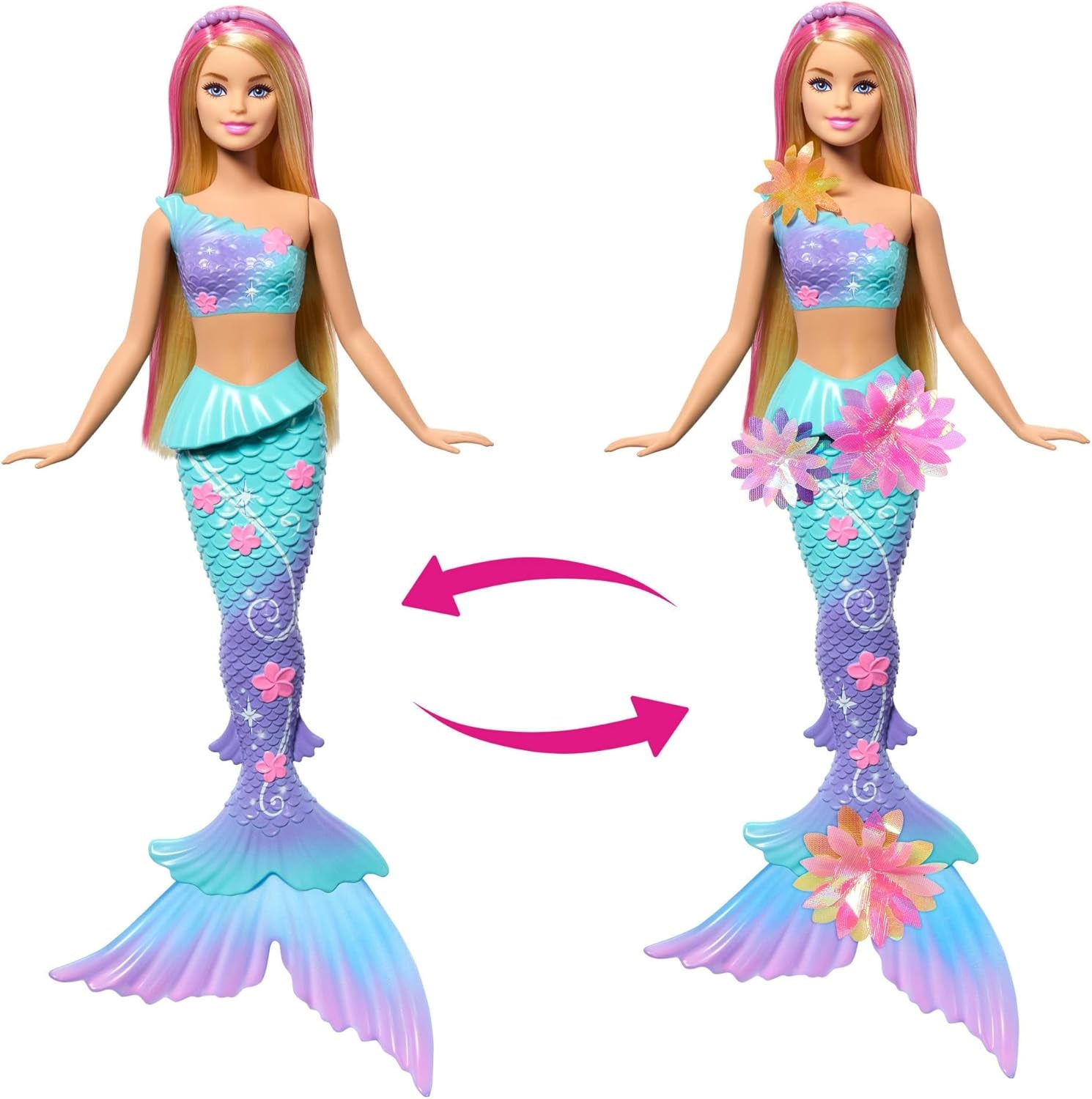 Barbie Meerjungfrauen-Spielzeug Puppe mit magischer overraschungs Blüte, Schwanzflosse mit Farbverlauf, perlenbesetzten Haarreif en lang blond Haar met rosa Strehchen, JDM72