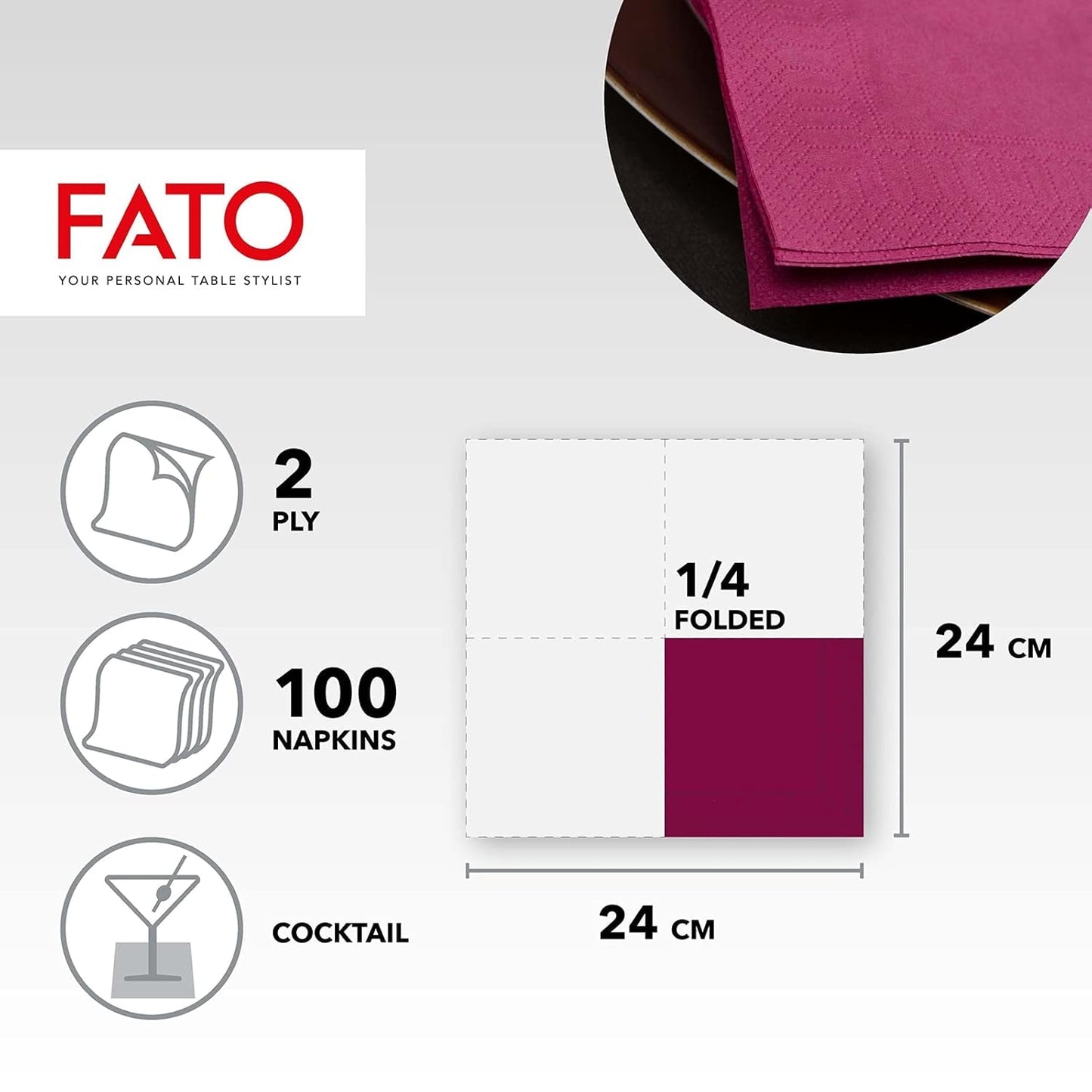 - Papieren wegwerpservetten, ideaal voor hapjes en cocktails, verpakking van 100 servetten, maat 24X24, 4-laags, 2-laags, bordeauxkleur, 100% puur cellulosepapier, Fsc-gecertificeerd