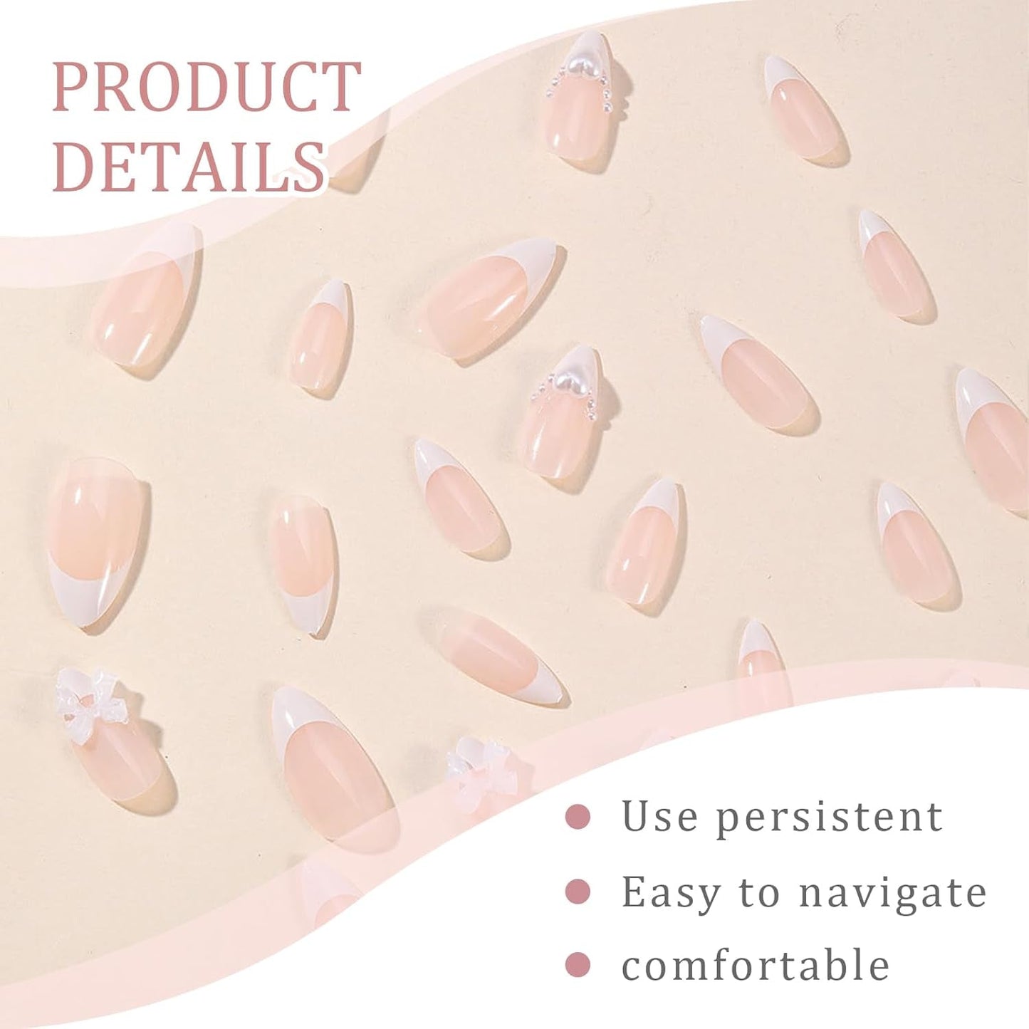 24pcs Witte Amandelpers op Franse nagels met strikken Parels Nepnagels Lijm op valse nageltips Glitternagels