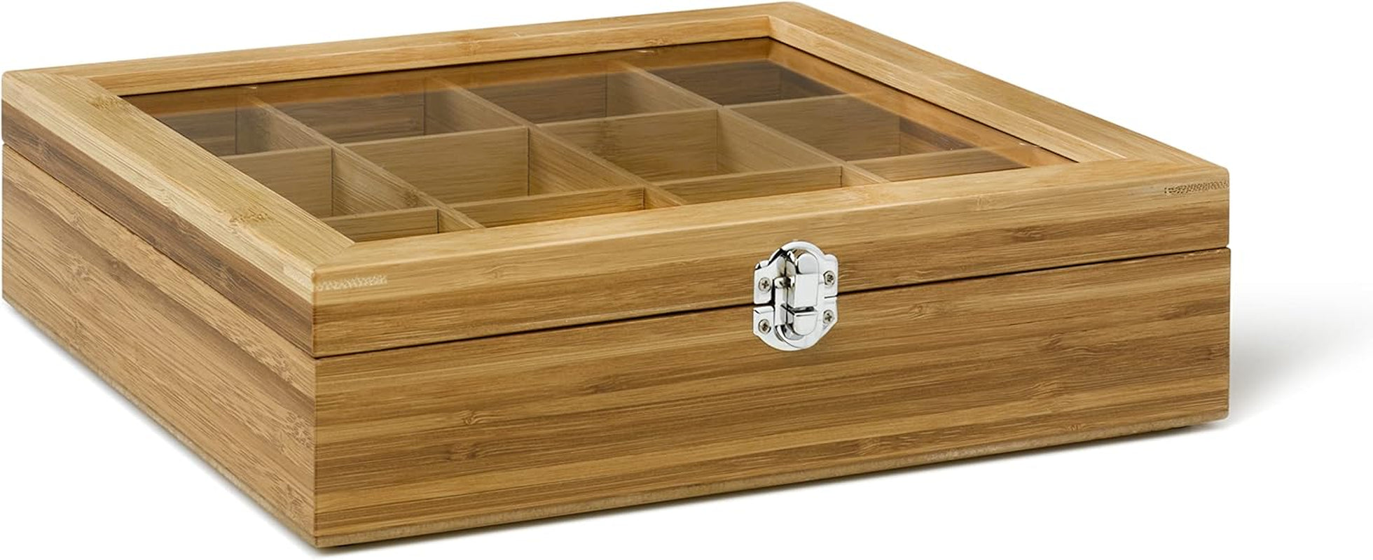 Bredemeijer Grote theezakjesdoos van licht hout met 12 vakken en kijkvenster, 28 cm lengte, voedselbewaardozen Naty Shop houten theedoos, 12 vakken, venster