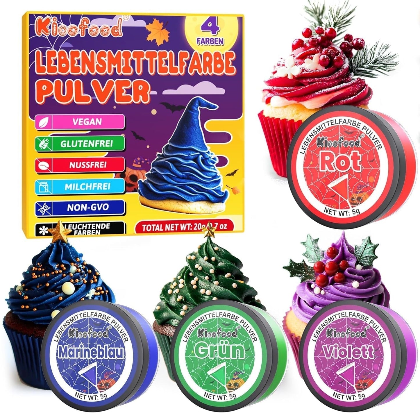 Voedselkleurpoeder - 4 kleuren Voedselkleur, geconcentreerde voedselkleur, Rood Groen Blauw Paars Voedselkleur voor taartdecoratie, bakken, glazuur, dessert, koken - 5G
