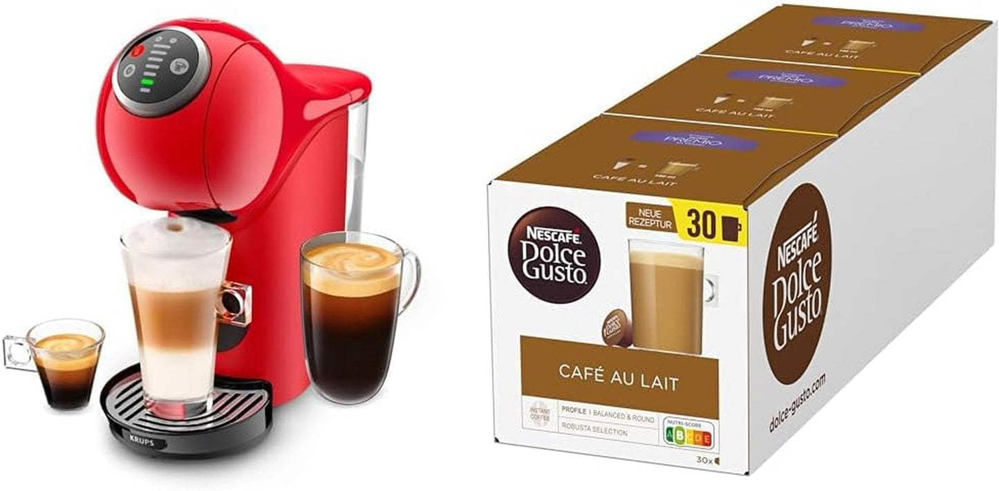 Krups KP3405 NESCAFÉ Dolce Gusto Genio S Plus capsulemachine, espressoboost, temperatuurkeuze, warme en koude dranken, 15 bar pompdruk, watertank van 0,8 liter, 1500 watt, kleur rood met café au lait