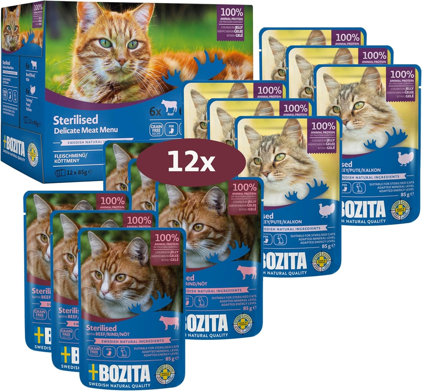Bozita Gesteriliseerde Nassfutter Häppchen in Gelee mit Fleisch - 12x85g Portionsbeutel getreidefreies & weizenfreies Futter für Katzen - Katzen Nassfutter met 8,5% Eiwit & 3,5% Fettgehalt