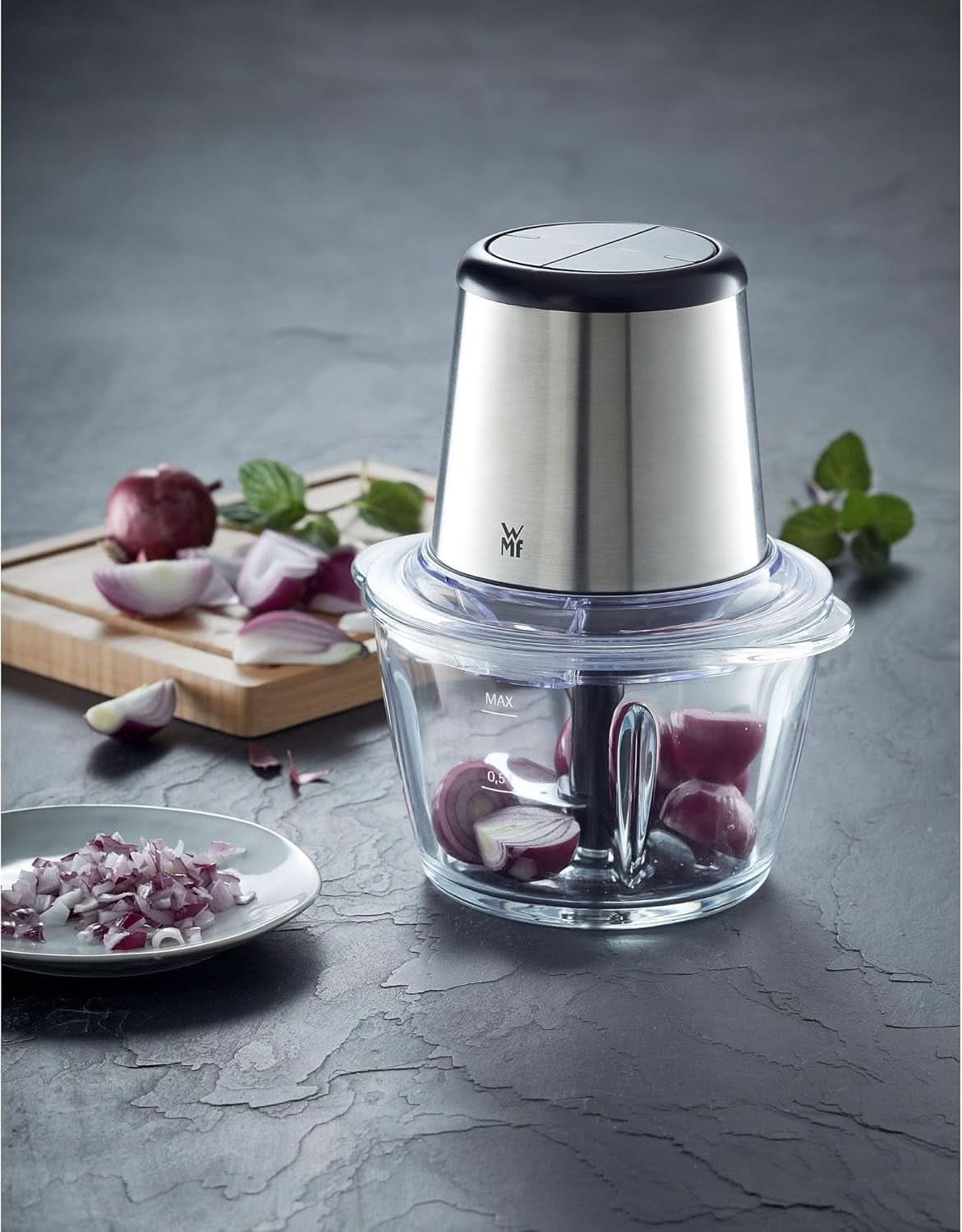 WMF Kult X Edition Zerkleinerer Elektrisch Met Glasbehälter, Blitzhacker 320 W, 2 Geschwindigkeitsstufen, Großer Mixbehälter, Cromargan Matt Kitchen Naty Shop