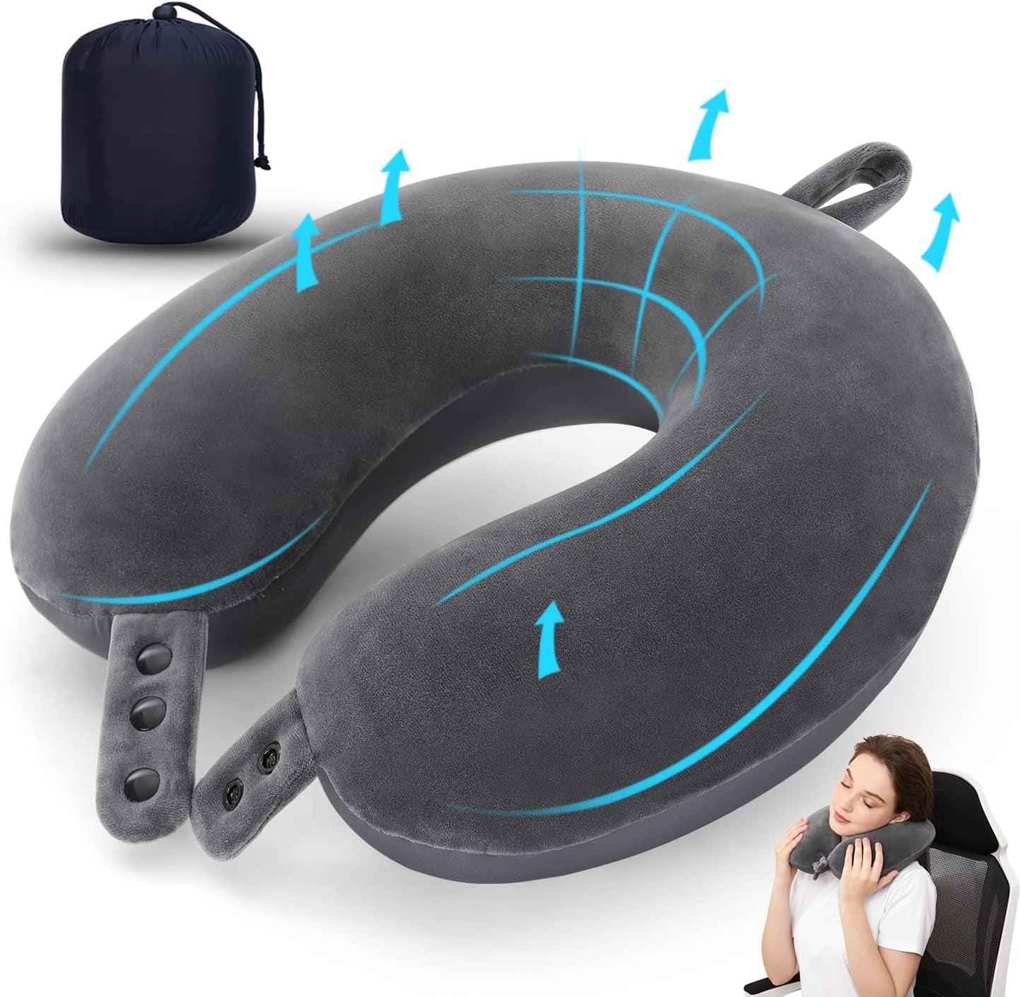TALLGO reisnekkussen, het beste traagschuim vliegtuigkussen voor hoofdsteun, verstelbaar zacht kussen voor vliegtuig, auto en huis, roze cervicale orthopedische kussens Naty Shop grijs standaard
