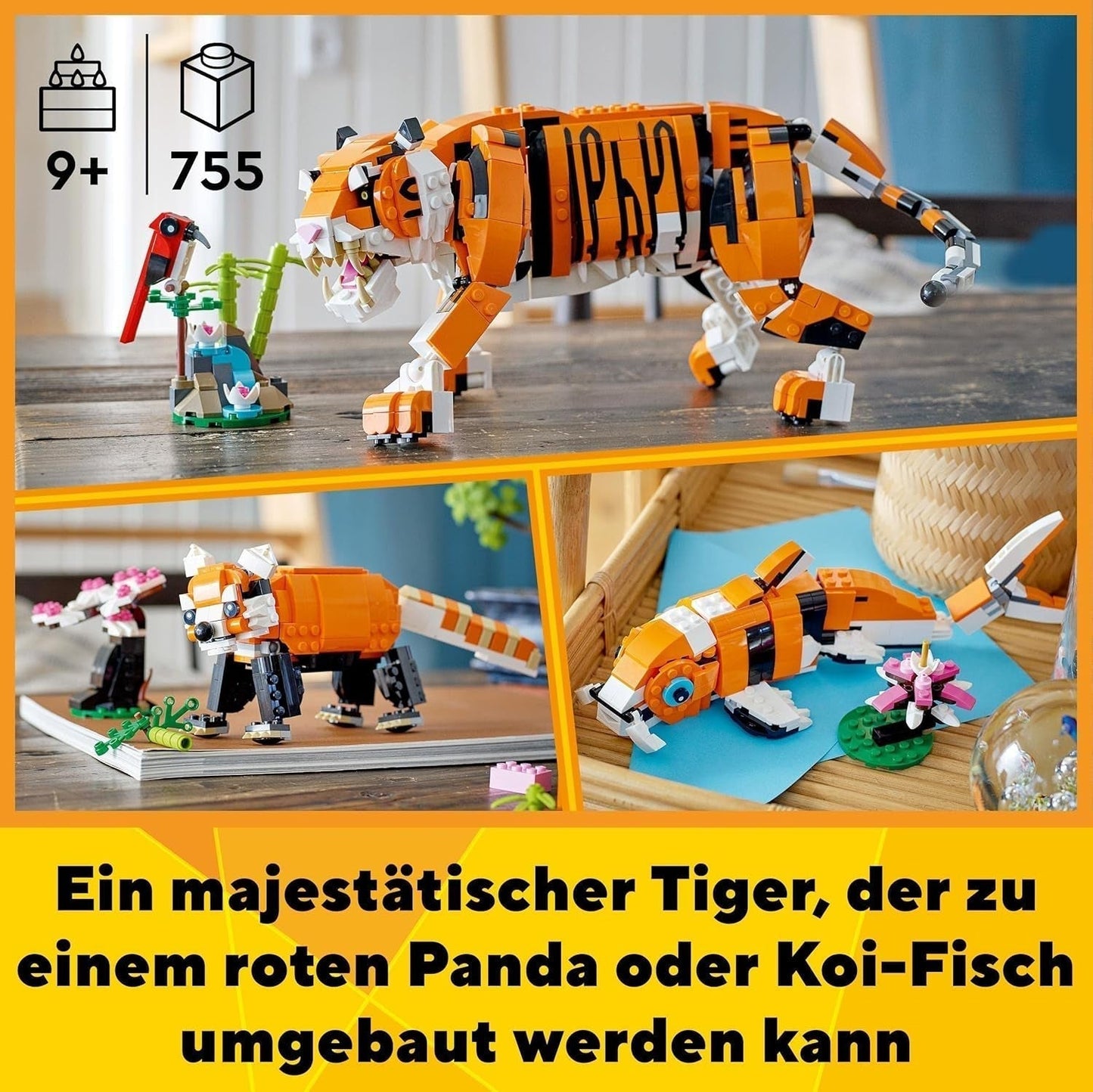 LEGO 31129 Creator Majestueuze Tijger, Panda of Vis 3-in-1 Dierenfigurenset Speelgoed voor kinderen, jongens en meisjes Dieren bouwen speelgoedbouwsets Bekijk de LEGO-Store