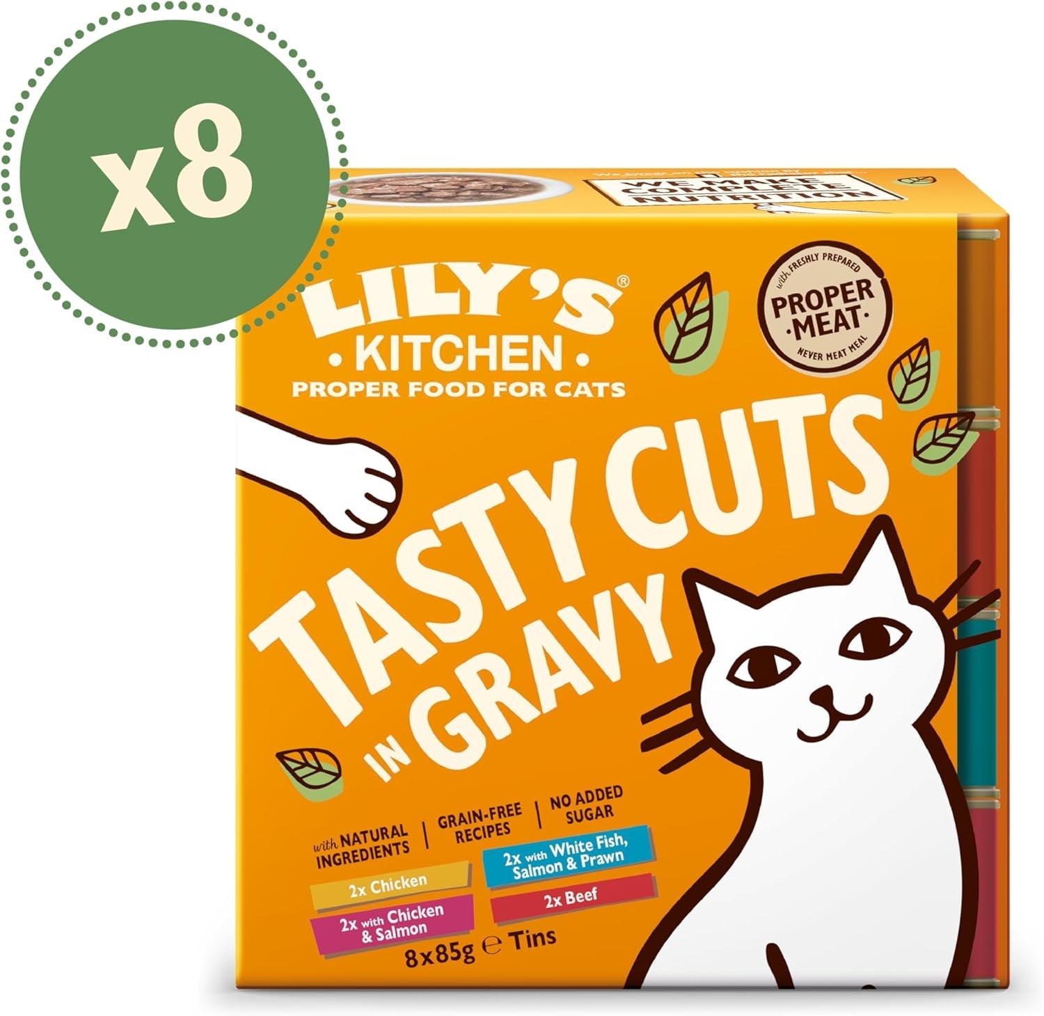 Lily's Kitchen Natvoer voor volwassen katten, gemaakt met natuurlijke ingrediënten, heerlijke stukjes in jus, multi-pack, 8 dozen x 85 g