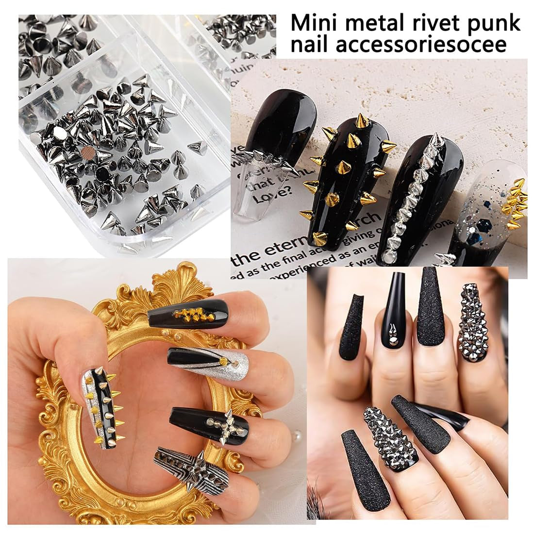 Mini Metall Nieten Punk Nail Charms Goud Zilver Strasssteine ​​Nägel Charm Kegel Spikes Nagelschmuck Glitzersteine ​​Nail Art Studs Nagel Steine ​​Legierung Nagelanhänger Rhinestones Nageldesign Zubehör