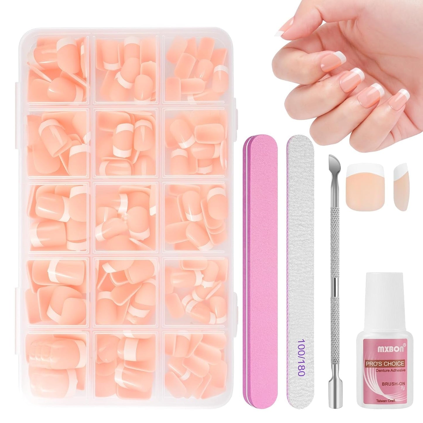 240-delige set valse nageltips, French Press op kunstnagels, pers op Franse nagels, 12 maten, nepnagels met lijm voor dames en heren (naakt wit medium amandel)