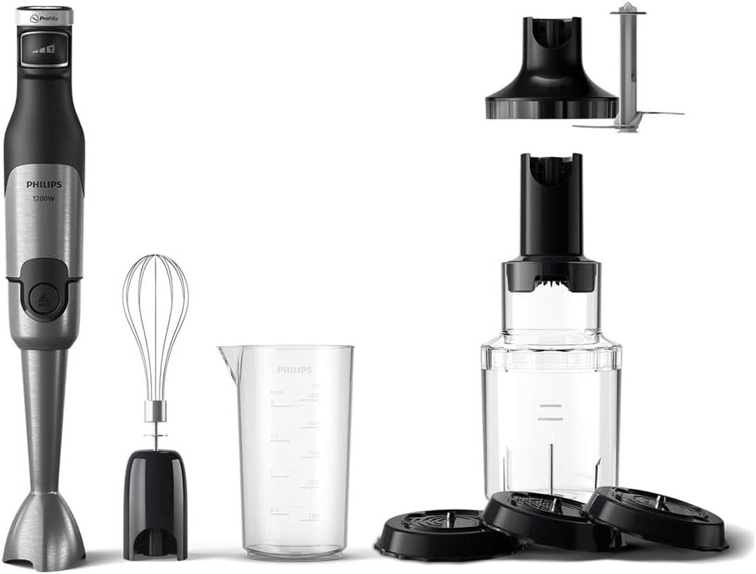 Philips 5000-Serie Stabmixer - 1200W Leistung. Promix-technologie. Led Geschwindigkeitsanzeiger. Stufenlose Geschwindigkeitseinstellung. Compact ontwerp. Leicht Zu Reinigen. Schwarz (HR2681/00) Keuken Naty Shop + Schneebesen, Spiraalsnijder, Xl-Zerkleinerer