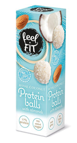 Suikervrije kokospralines met amandelen, feel FIT, geen toegevoegde suikers, 17% eiwit, 63 g