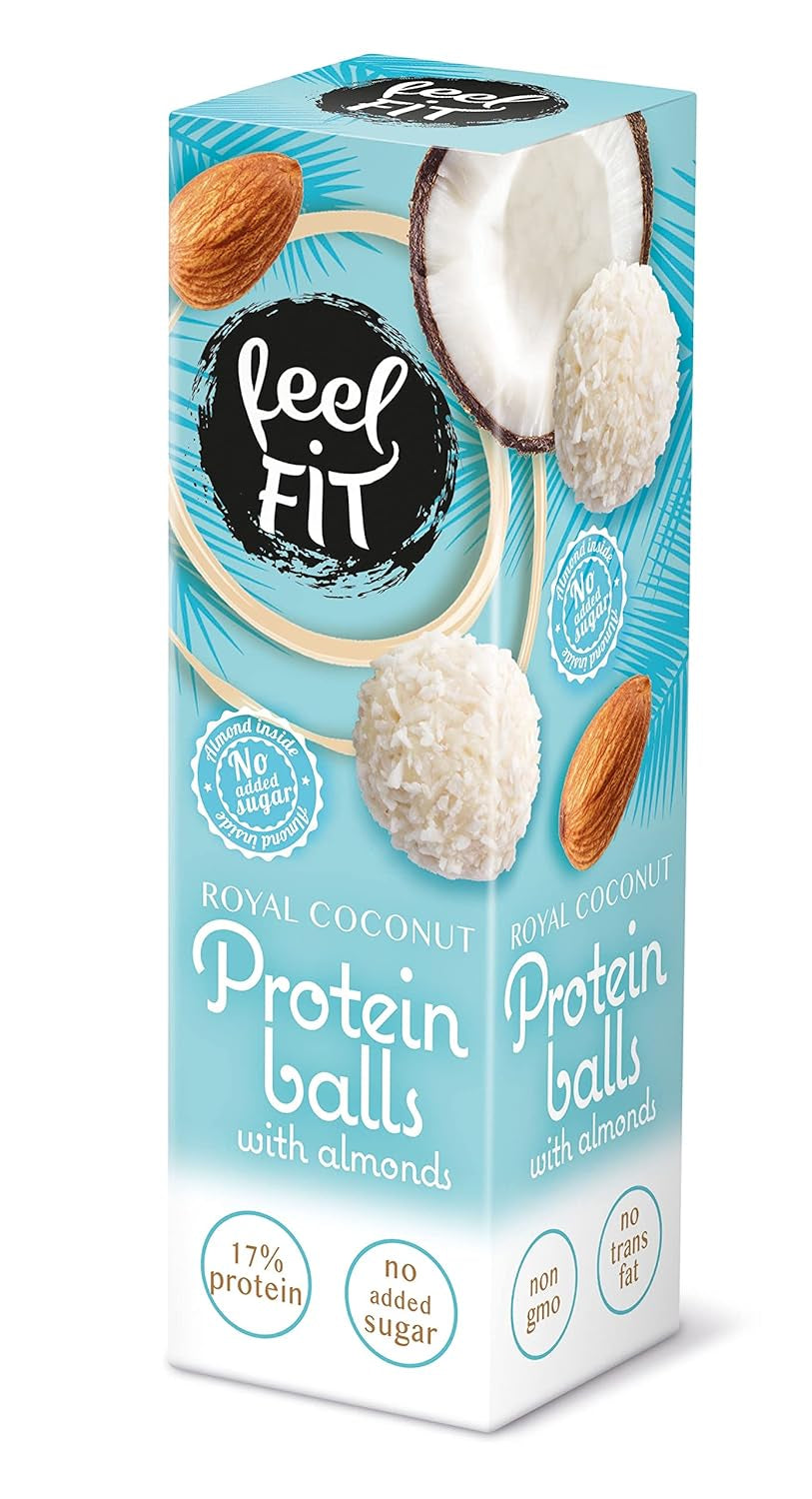 Suikervrije kokospralines met amandelen, feel FIT, geen toegevoegde suikers, 17% eiwit, 63 g