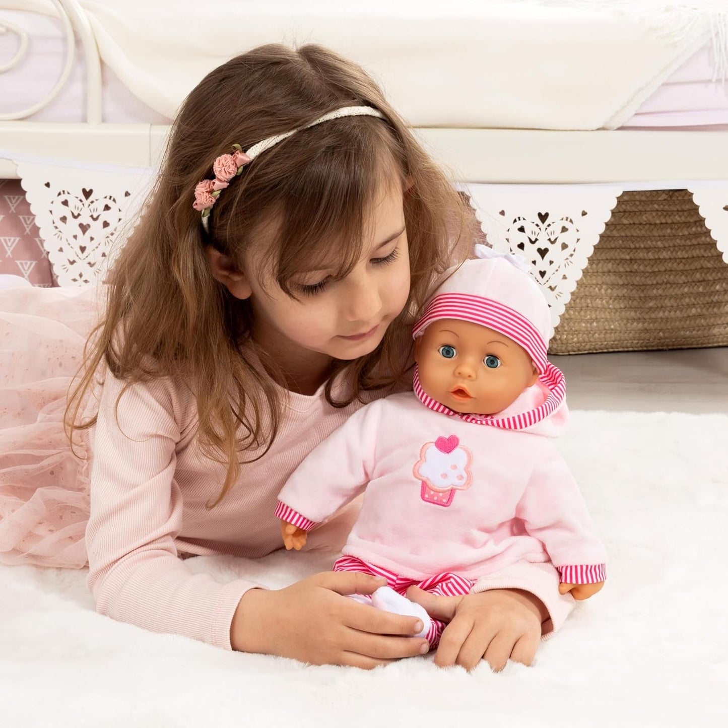 Babypuppe Eerste Woorden met Schlafaugen, spricht 24 Babylaute, met Schnuller en Flasche, 38 cm, Rosa/Streifen