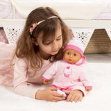 Babypuppe Eerste Woorden met Schlafaugen, spricht 24 Babylaute, met Schnuller en Flasche, 38 cm, Rosa/Streifen