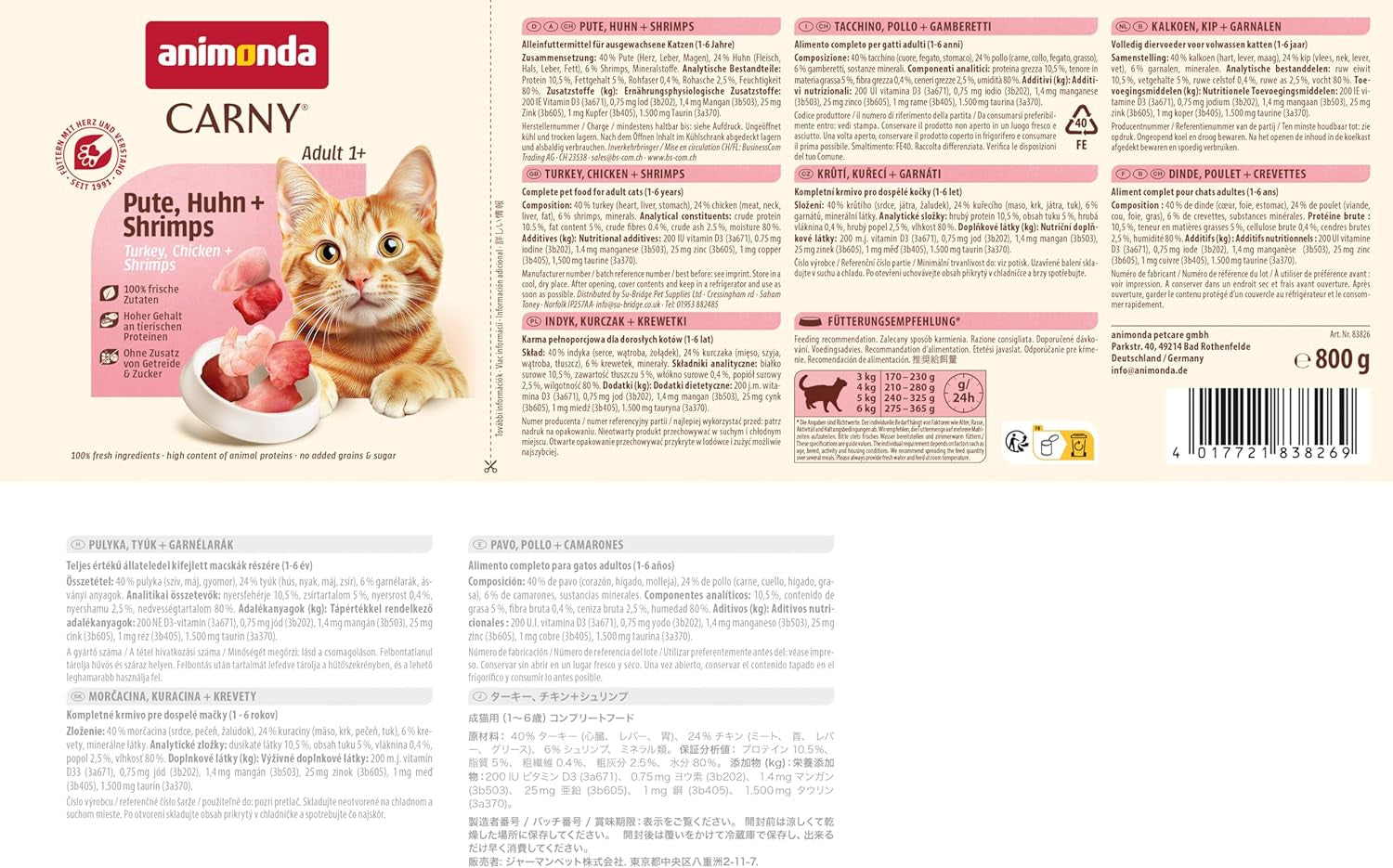 Animonda Carny kattennatvoer kalkoen + kip + garnalen (6 x 800 g), graanvrij, suikervrij natvoer met verse vleesingrediënten
