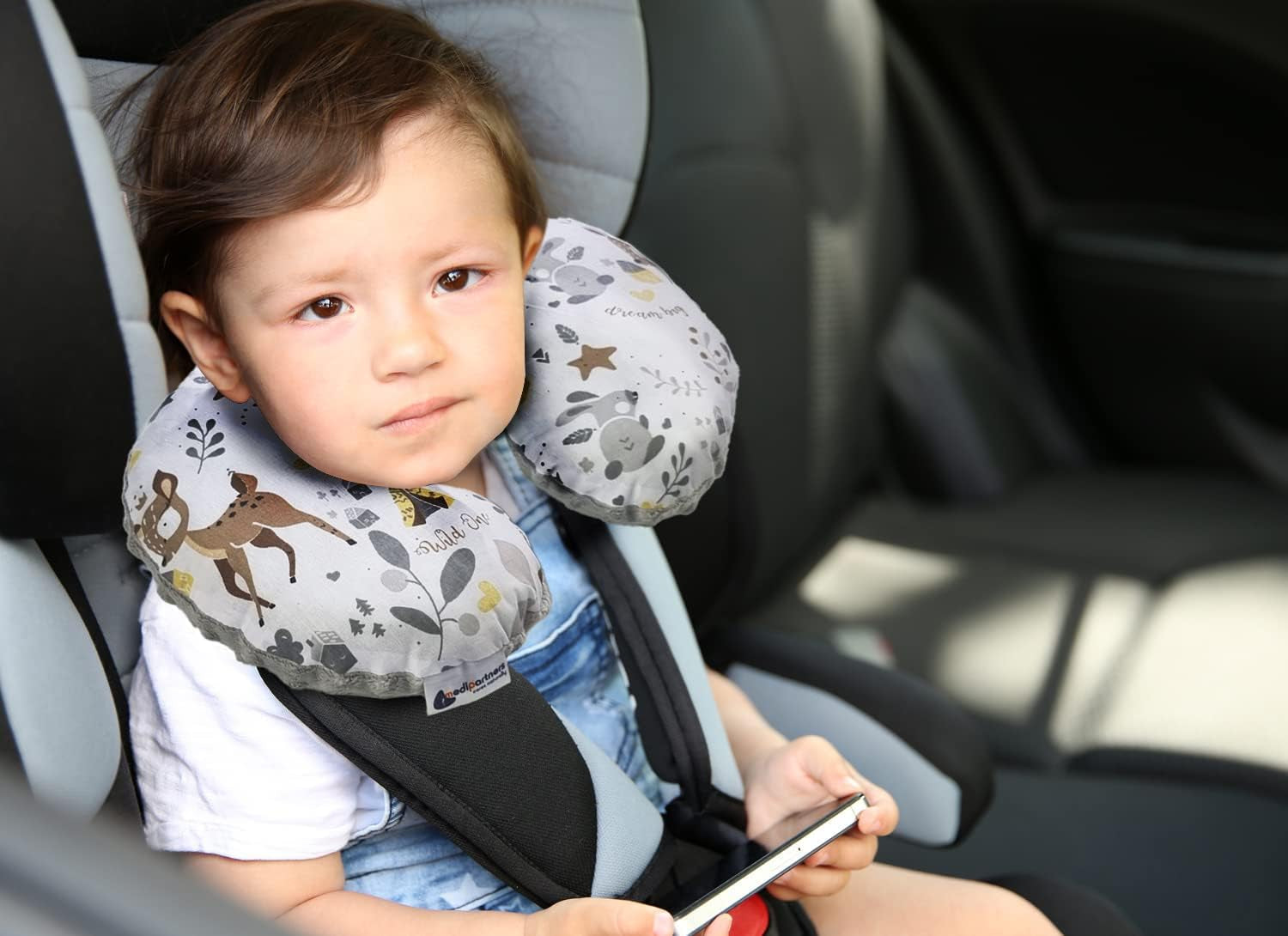 Medi Partners Baby Nekkussen Neksteun 100% Katoen / Minky Baby Nekkussen voor Auto Wandelwagen Reizen Reizen Slaap Nekkussen Snooze Roll (REH met Grijze Minky) Cervicale Orthopedische Kussens Naty Shop