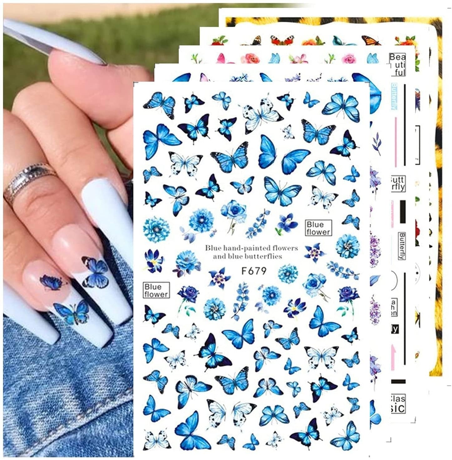 JMEOWIO Nagelsticker Schmetterling 8 Blätter Nagelaufkleber Selbstklebend Blau Schwarz Gold Schmetterling Nail Art Decoratie Nagel Design Zubehör